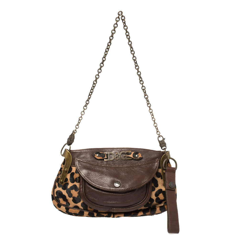 Pre Owned Dolce and Gabbana Leopard Print Pony Hair and Leather Shoulder Bag