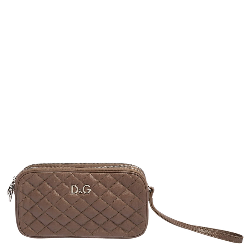  D&G Beige Quilted Leather Triple Zip Pouch 