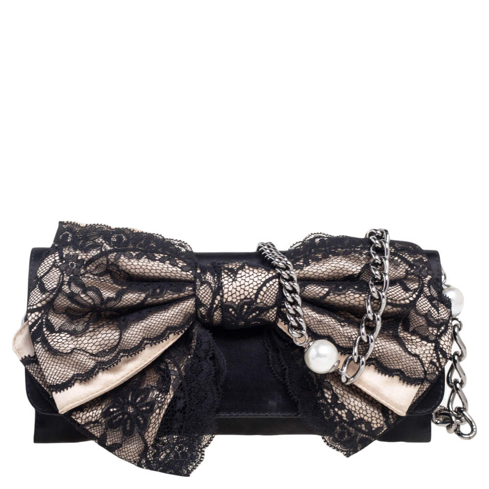 Pre Owned D&G Black Satin and Lace Bow Maika Crossbody Bag 