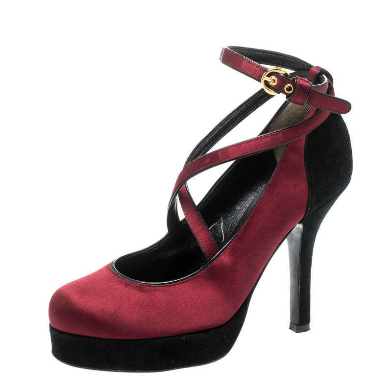 D&G Burgundy/Black Satin and Suede Criss Cross Ankle Strap Platform Pumps Size 36