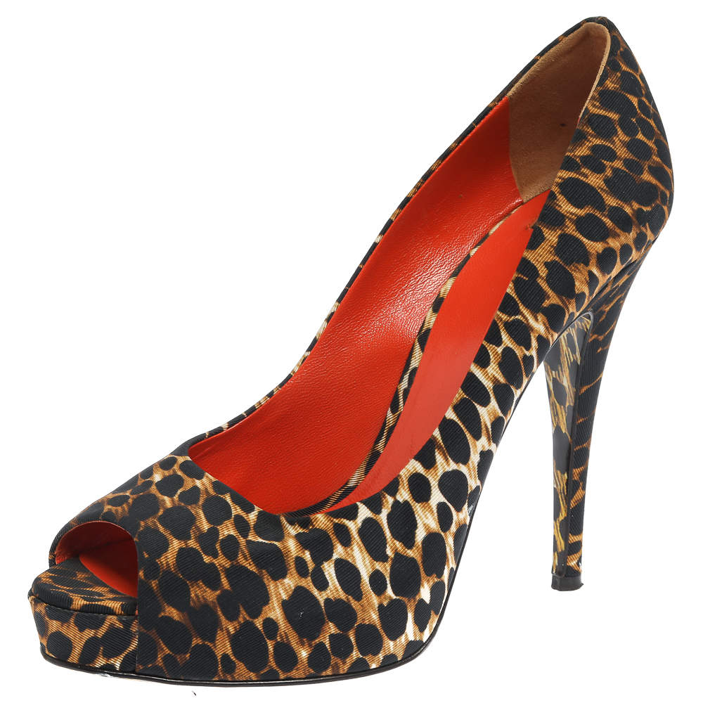 Dolce & Gabbana Black Leopard Printed Fabric Platform Peep Toe Pumps Size 38