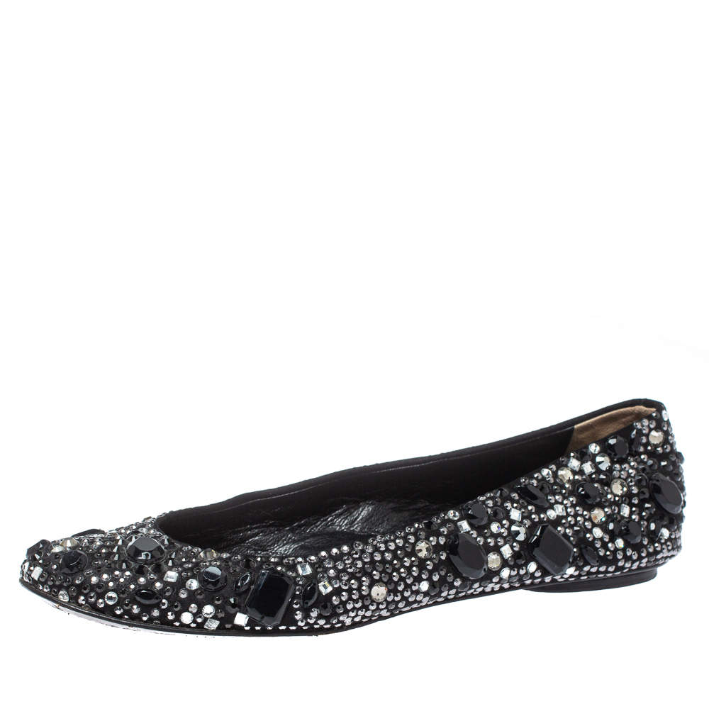 Pre Owned Dolce & Gabbana Black Satin Crystal Embellished Ballet Flats Size 36.5