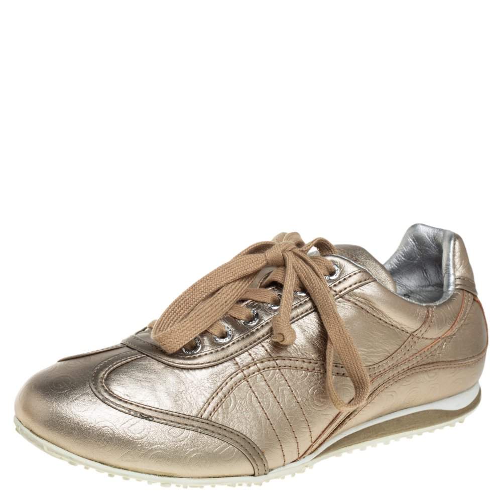 D&G Metallic Gold Leather Lace Up Low Top Sneakers Size 36.5