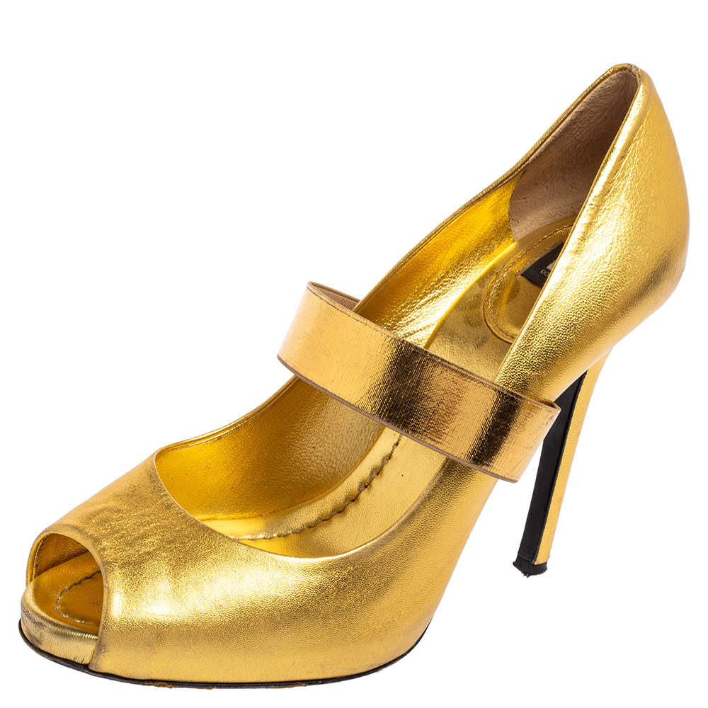 D&G Metallic Gold Leather Elastic Strap Peep-Toe Pumps Size 39