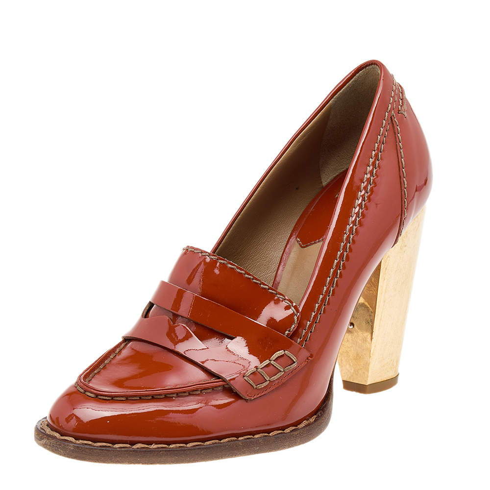 D&G Tan Patent Leather Penny Block Heel Loafer Pumps Size 36