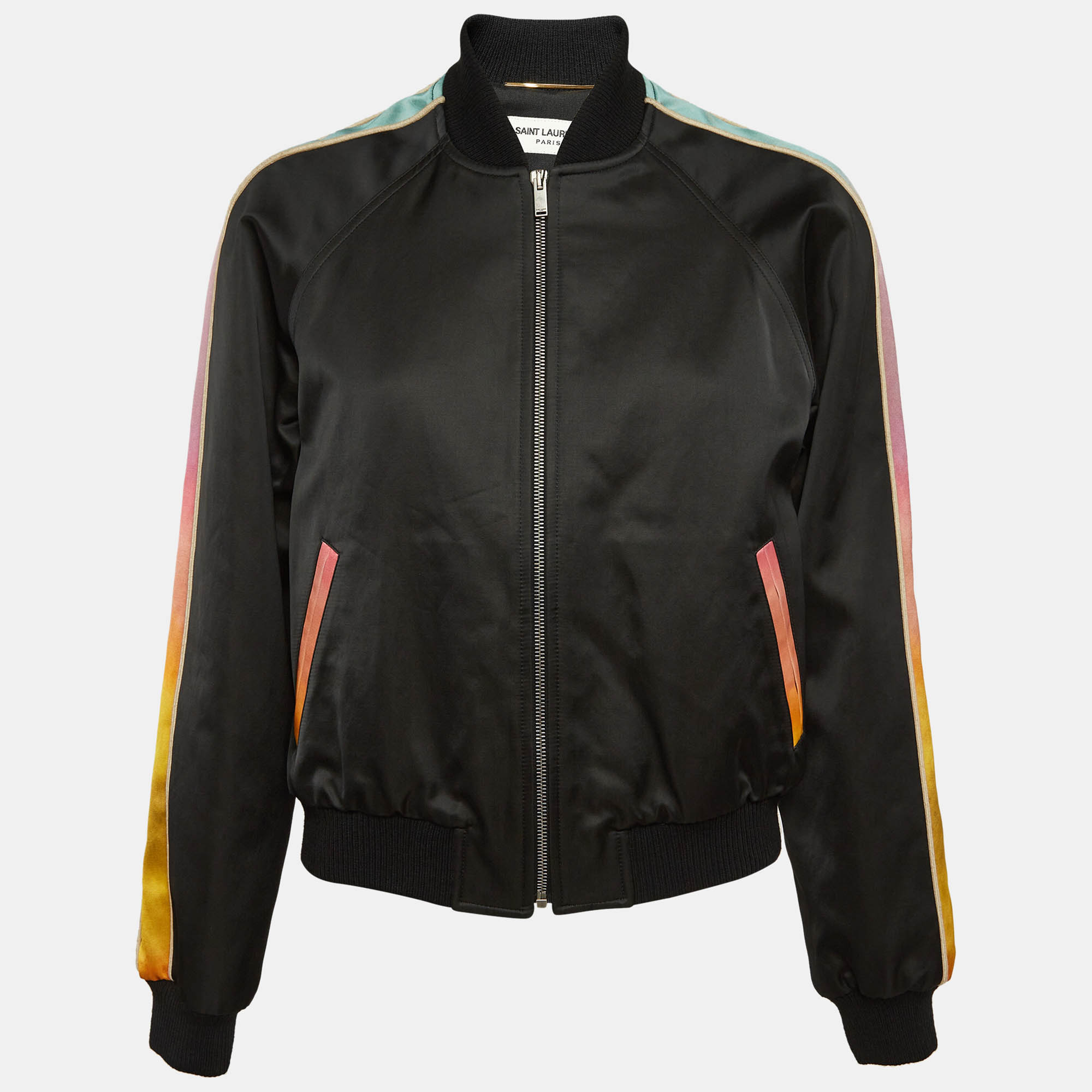 Saint Laurent Black Cotton Blend Rainbow Stripe Bomber Jacket M