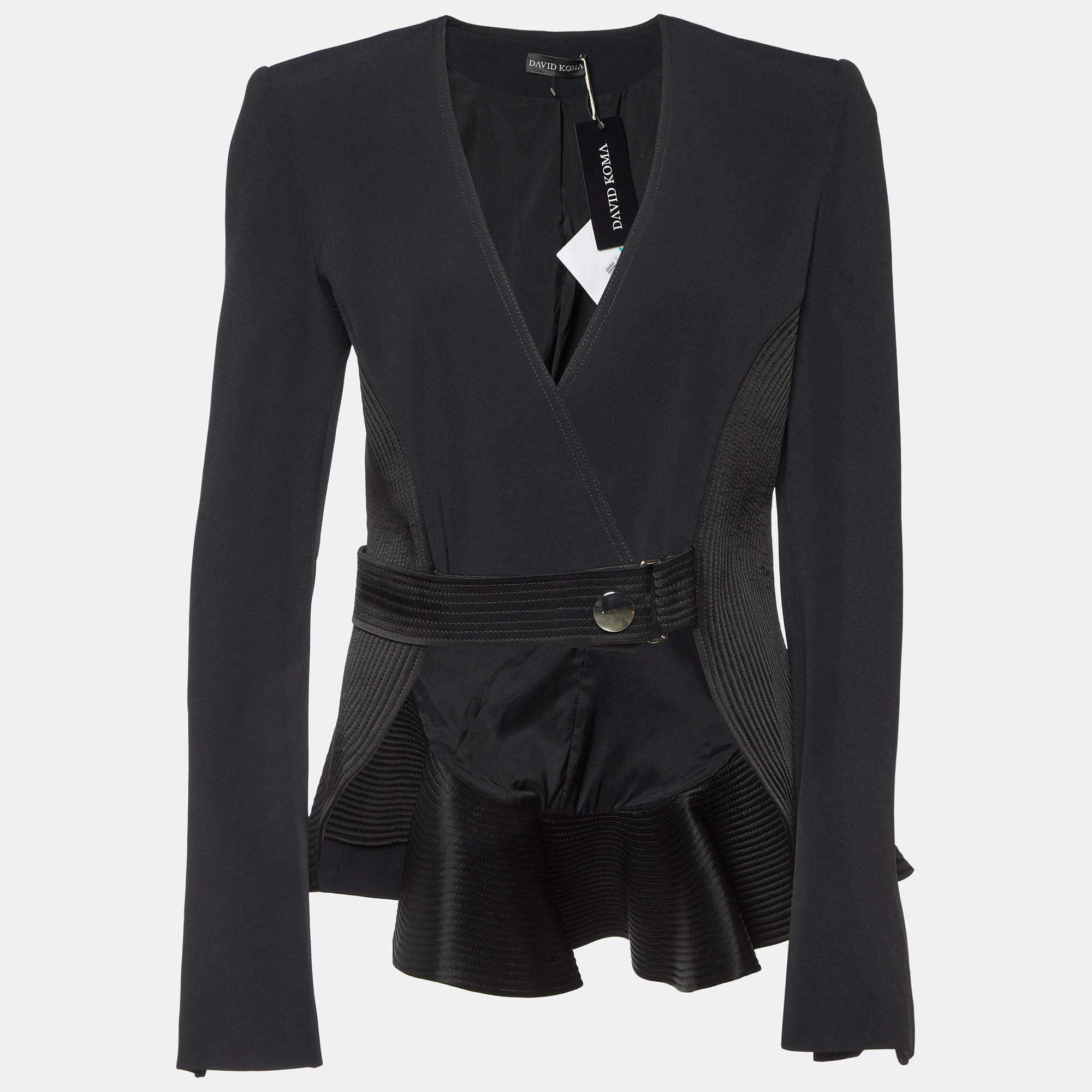 David Koma Black Cady Flounce Detail Jacket L