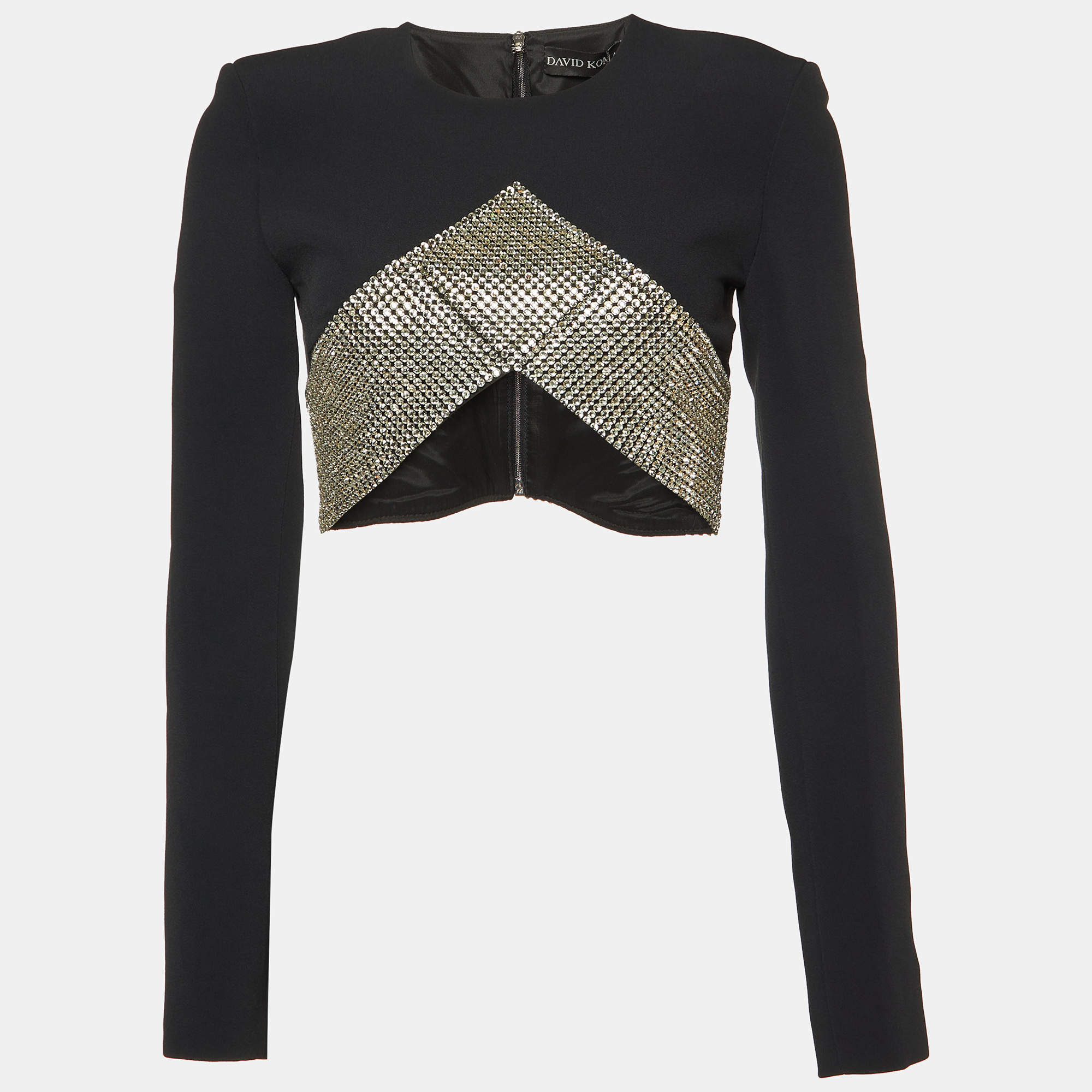 David Koma Black Crepe Embellished Crop Top S