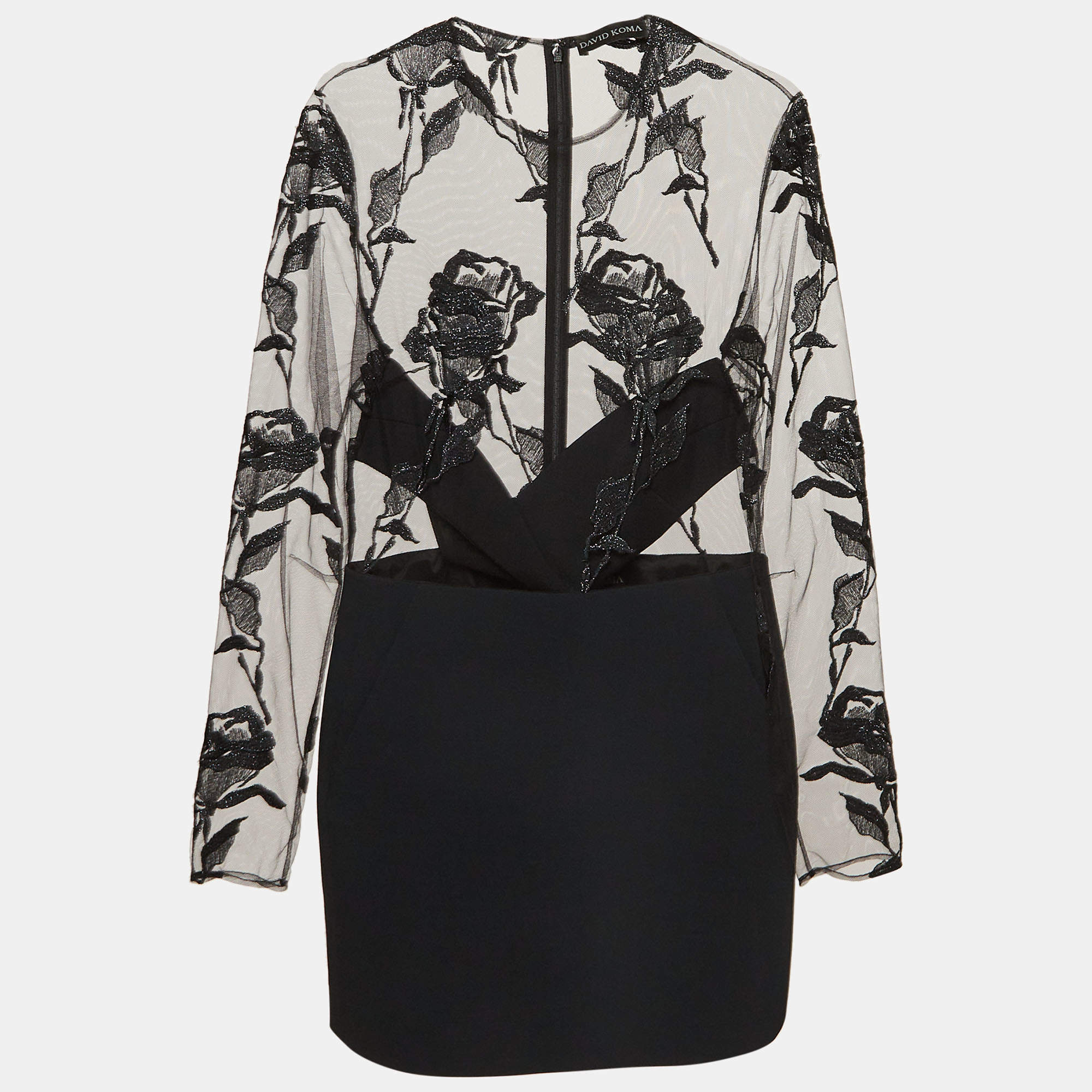 David Koma Black Rose Embroidered Tulle and Crepe Mini Dress L