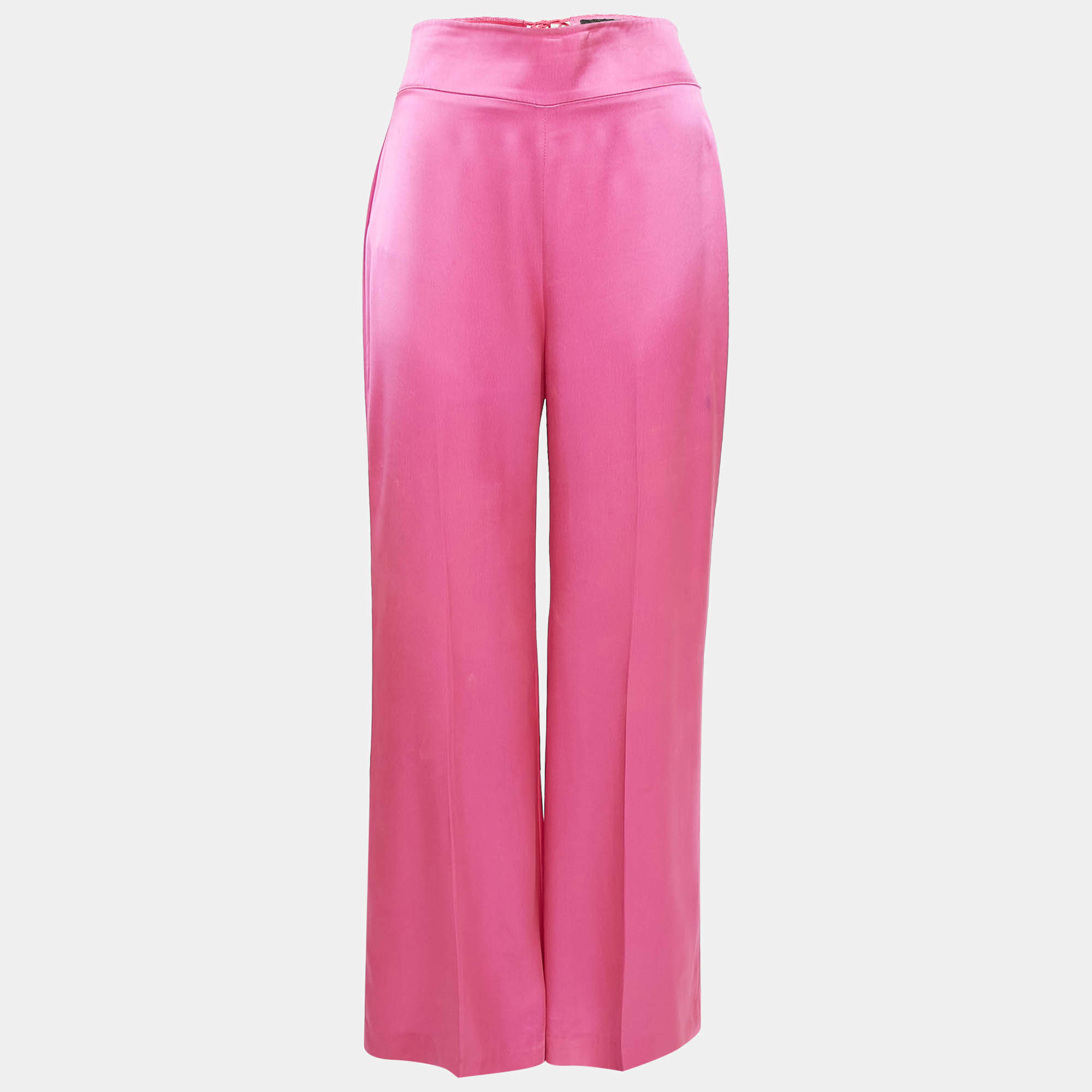 David Koma Pink Satin Lace-Up Detail Wide Leg Trousers S