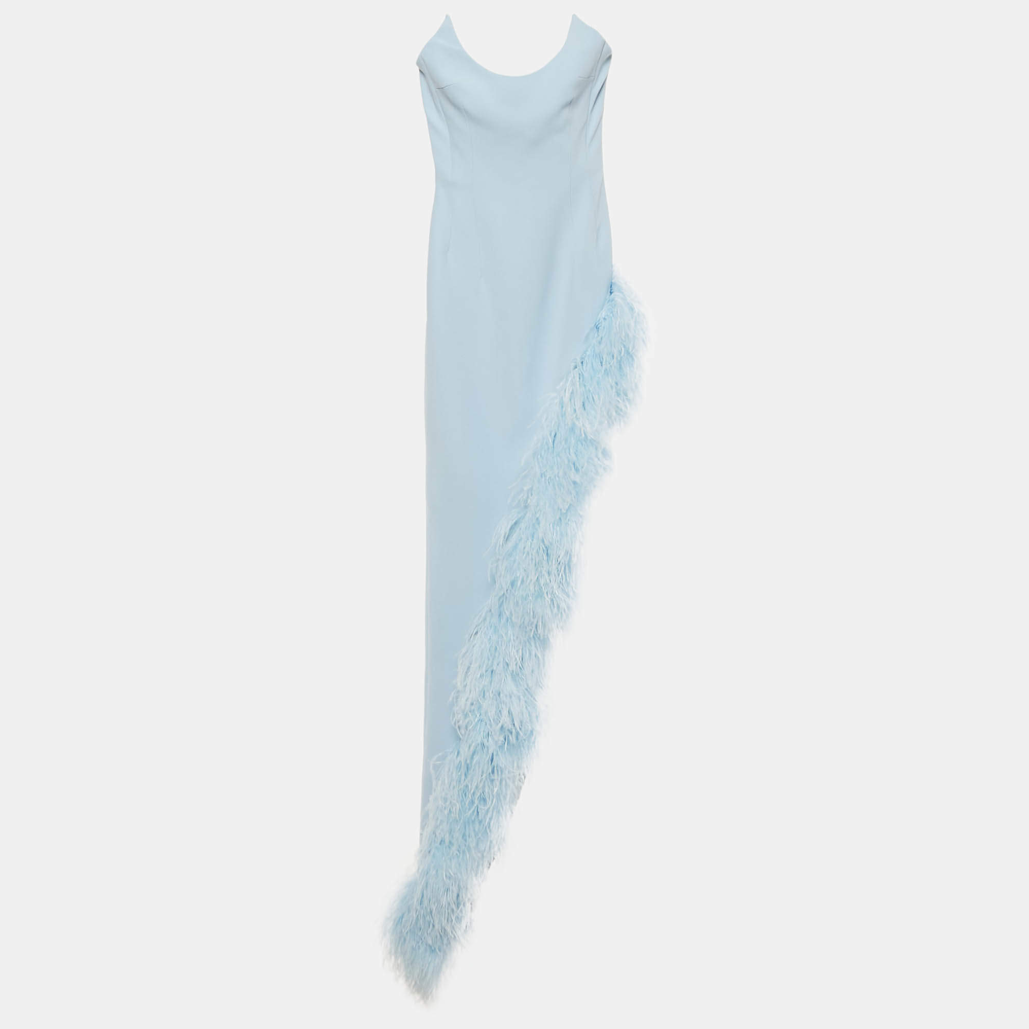 Pre Owned David Koma Blue Ostrich Feather-Trim Crepe Asymmetric Cocktail Dress XXS