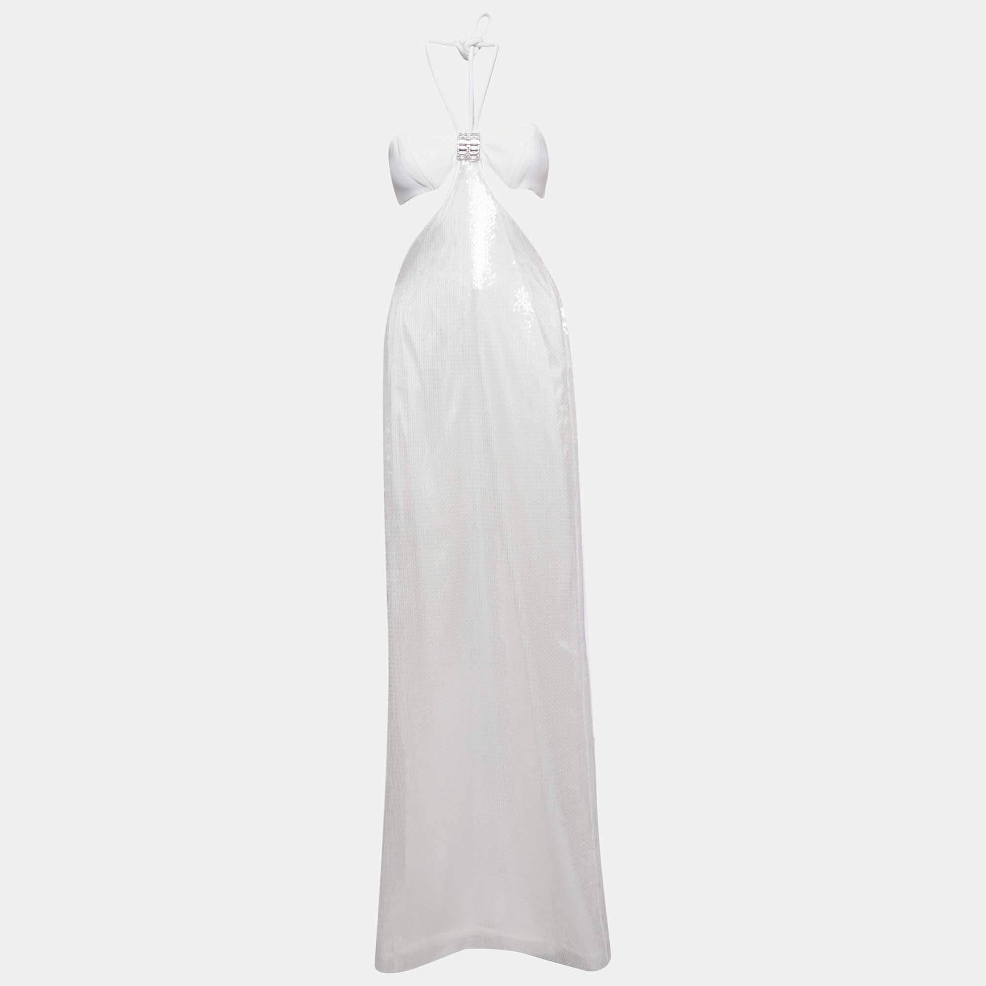Pre Owned David Koma White Sequin Cut-Out Tie-Up Maxi Dress XS