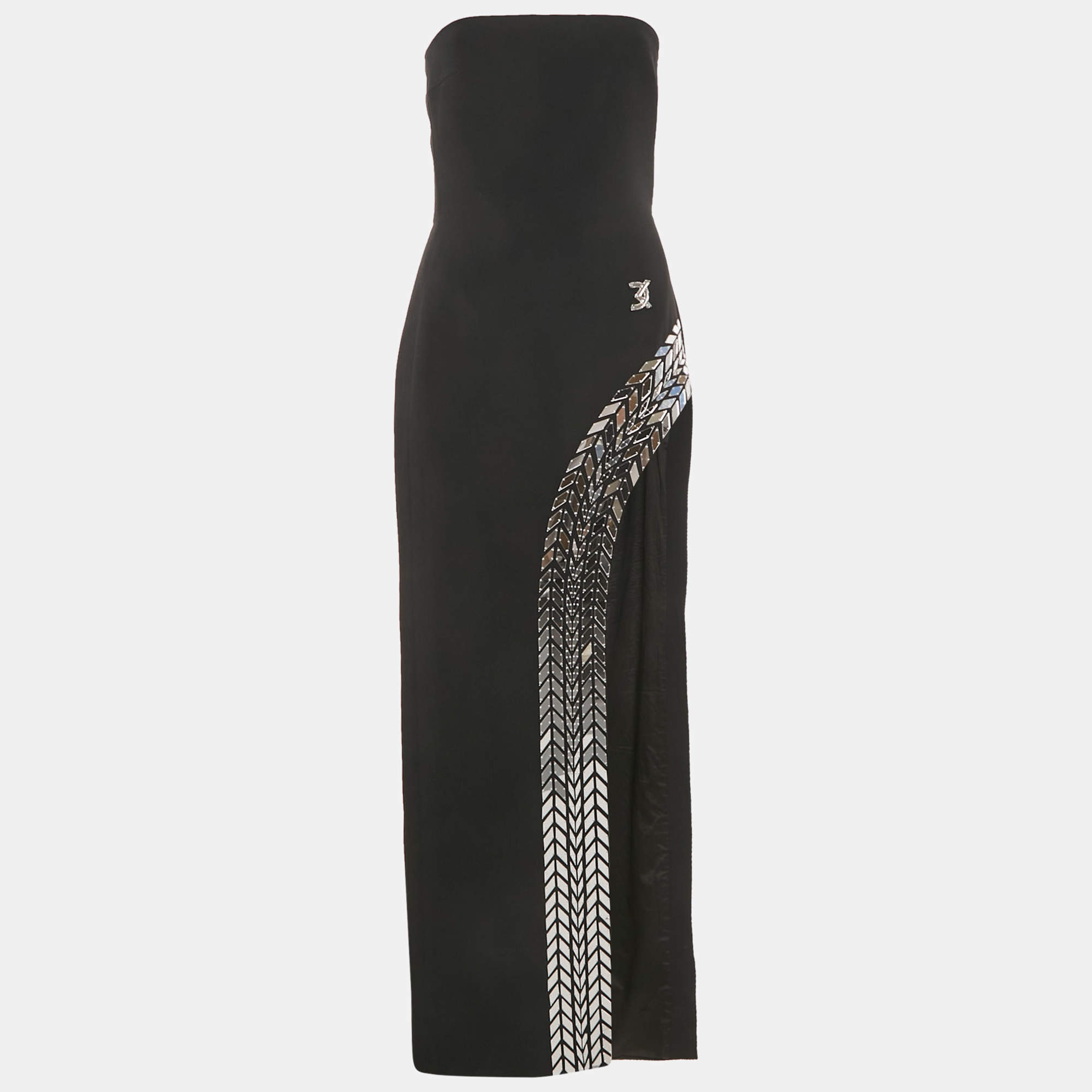 Pre Owned David Koma Black Mirror Embroidered Crepe Strapless Gown M