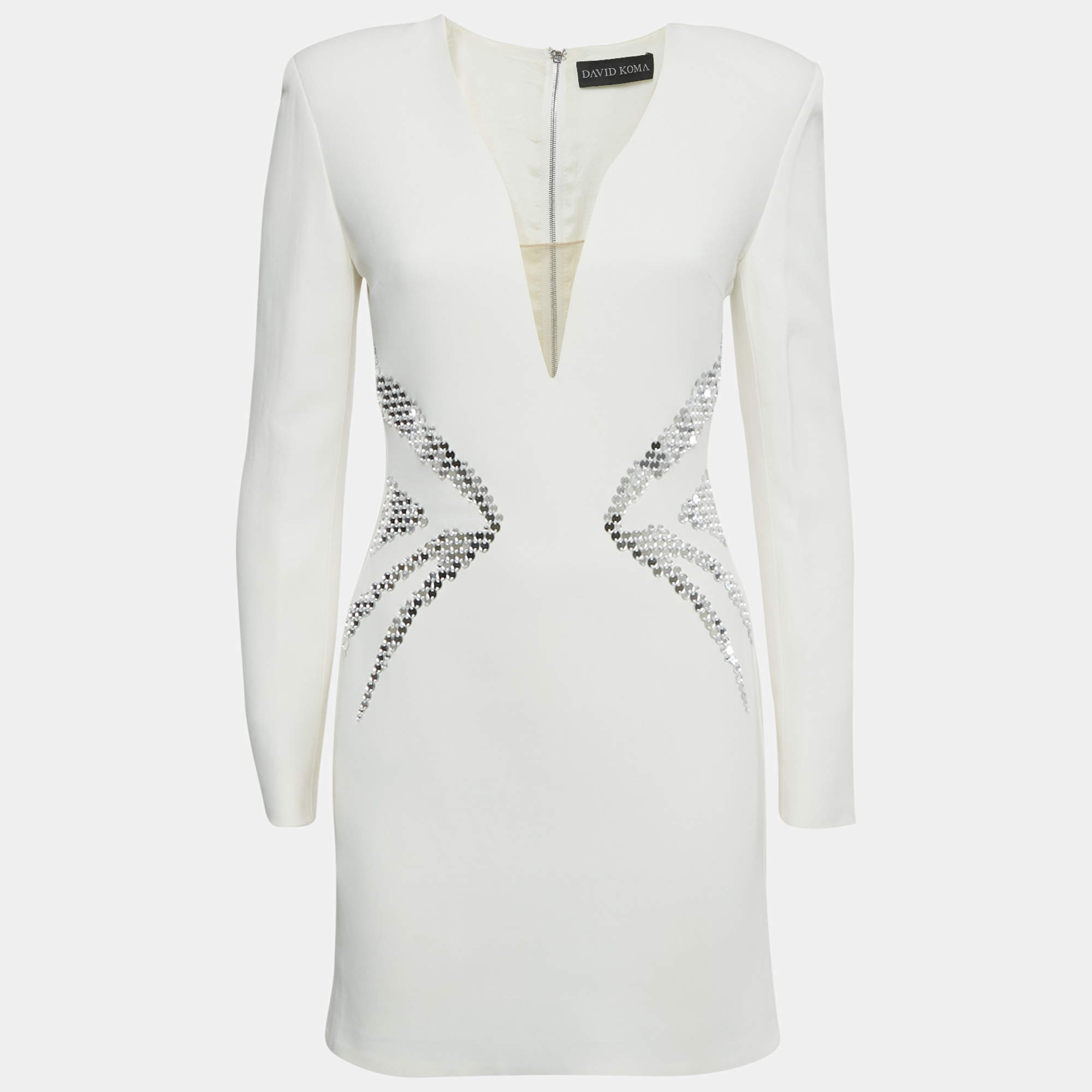 Pre Owned David Koma Ivory Crepe Mirror Embroidered Mini Dress S