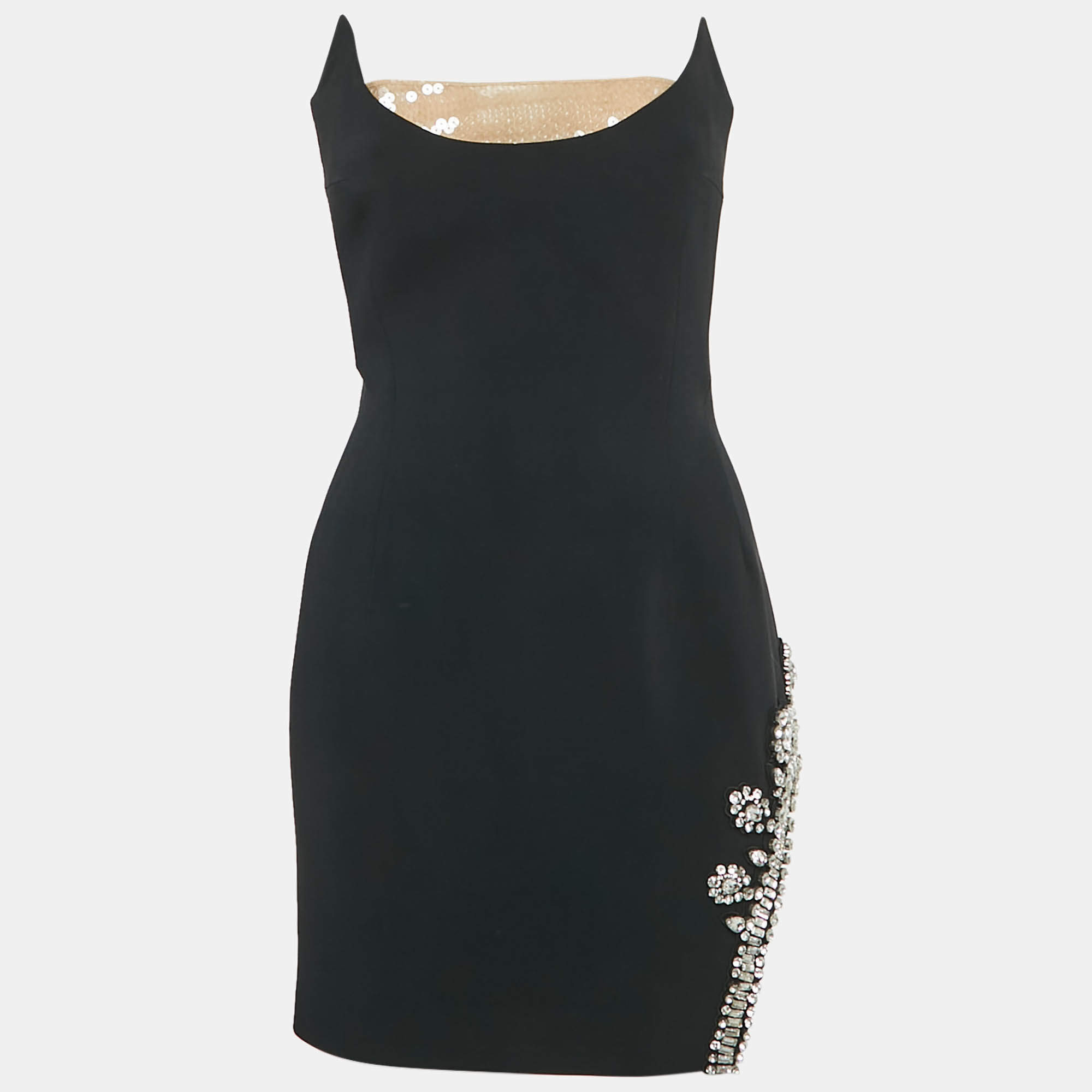 Pre Owned David Koma Black Rhinestone Studded Crepe Strapless Mini Dress L
