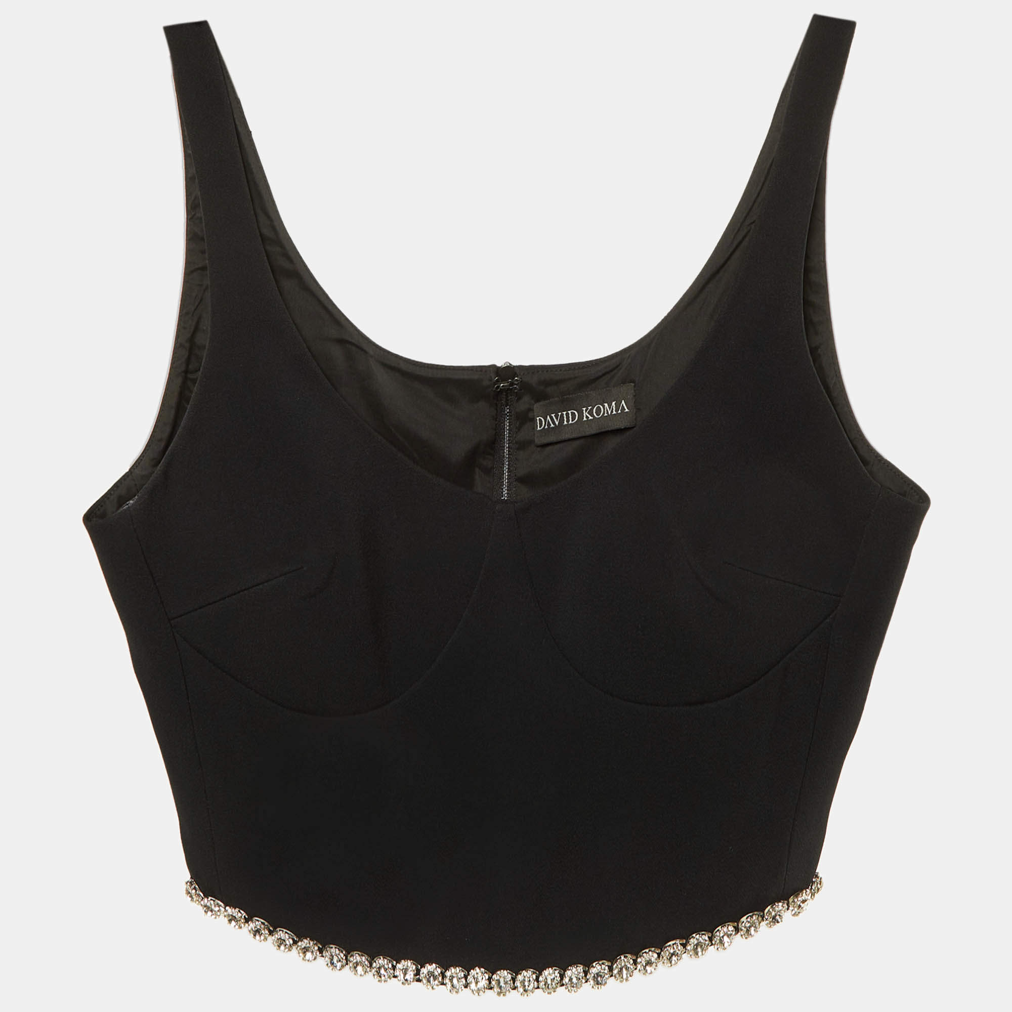 Pre Owned David Koma Black Crepe Crystal Embellished Crop Top M