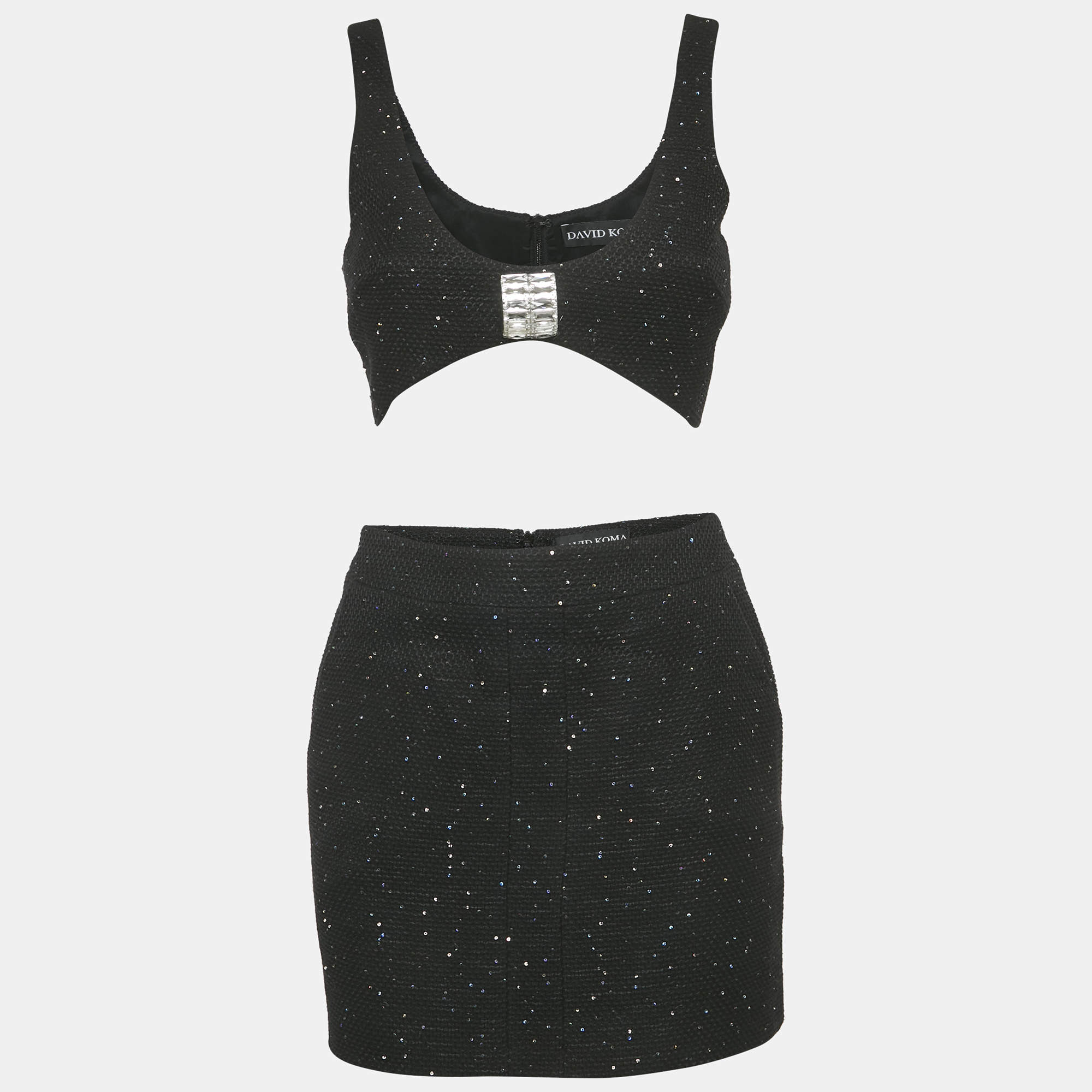 مملوكة مسبقًا David Koma Black Sequin Tweed Bralette and Mini Skirt Set S