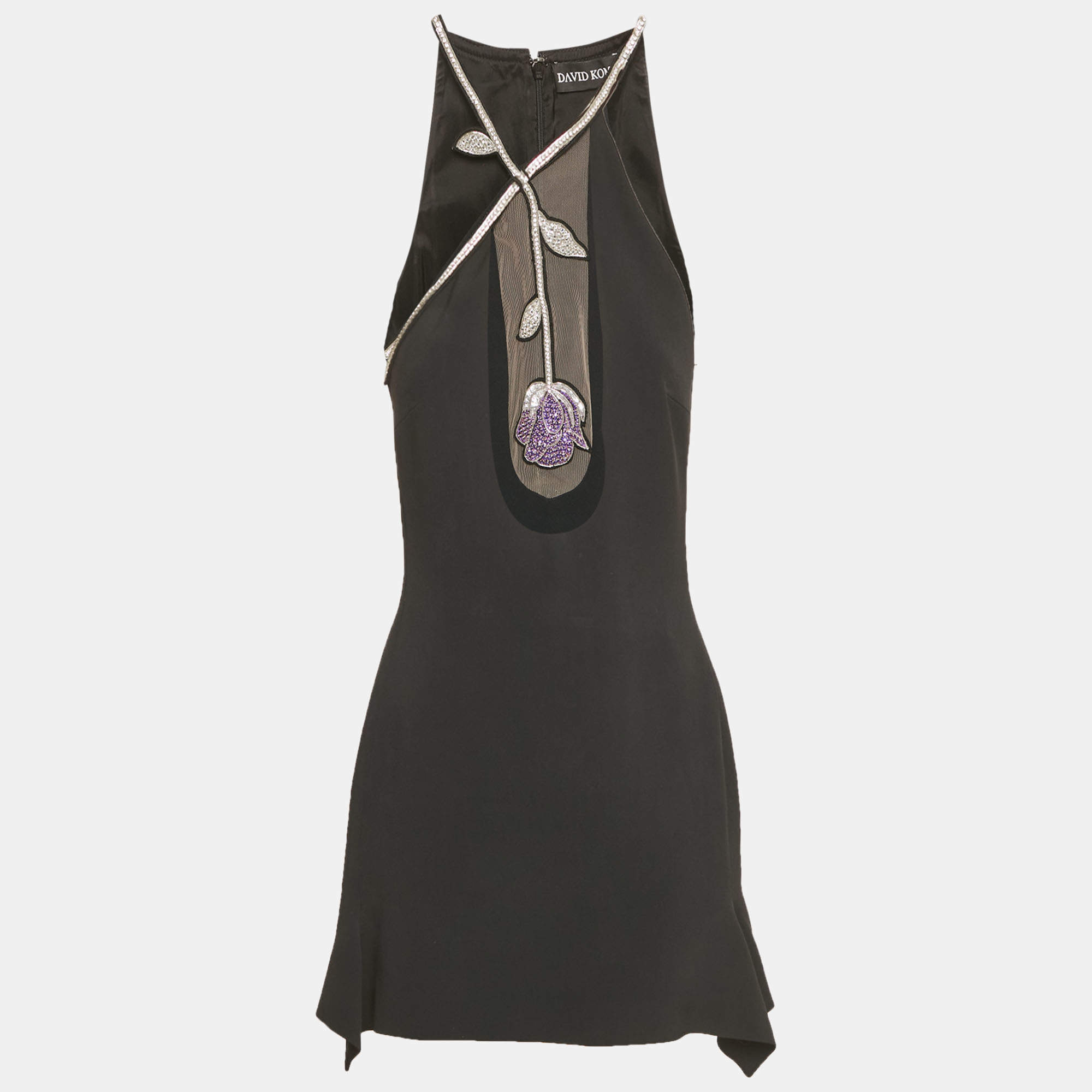 مملوكة مسبقًا David Koma Black Crystal Embellished Crepe Asymmetric Mini Dress M