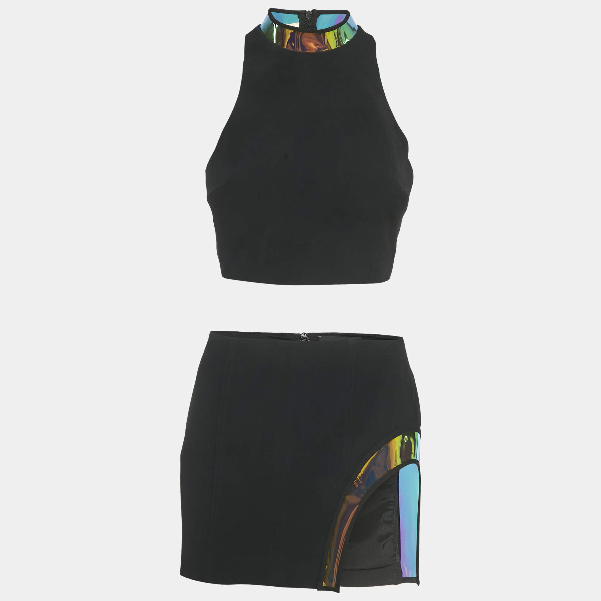 Pre Owned David Koma Black Hologram Vinyl Trim Crepe Set S