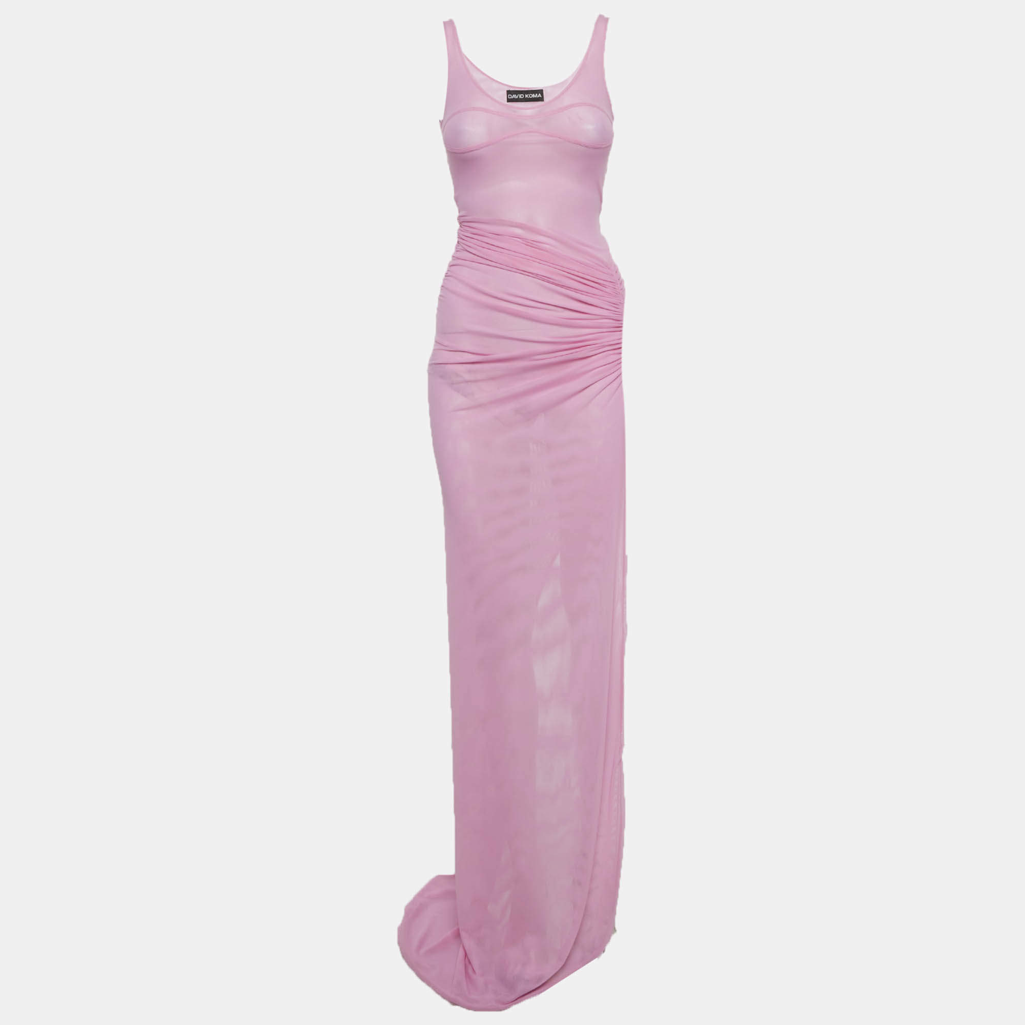 Pre Owned David Koma Pink Mesh Ruched Maxi Dress XS