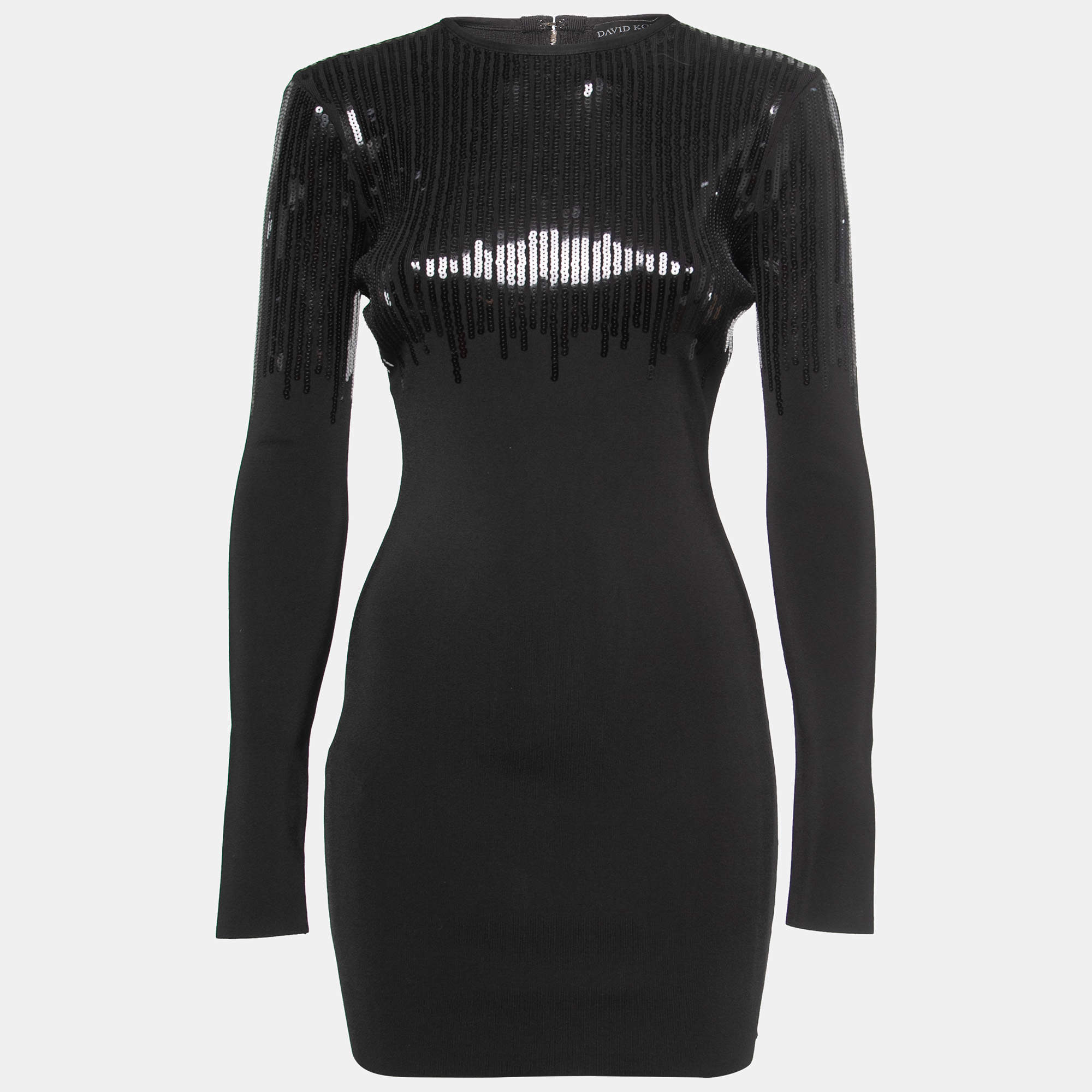 David Koma Black Sequined Stretch Knit Mini Dress S