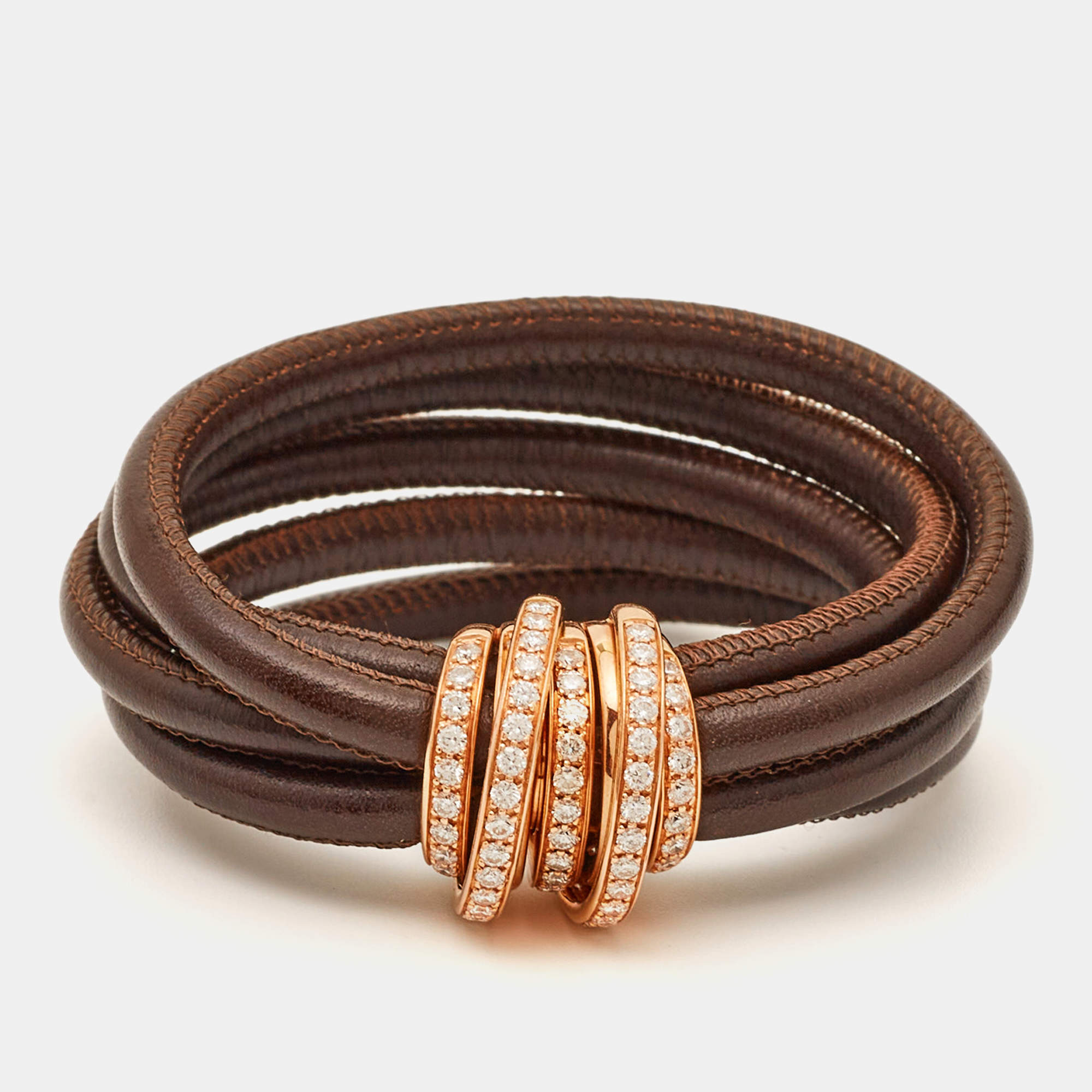 Pre Owned De Grisogono Allegra Diamonds 18k Rose Gold Leather Bracelet