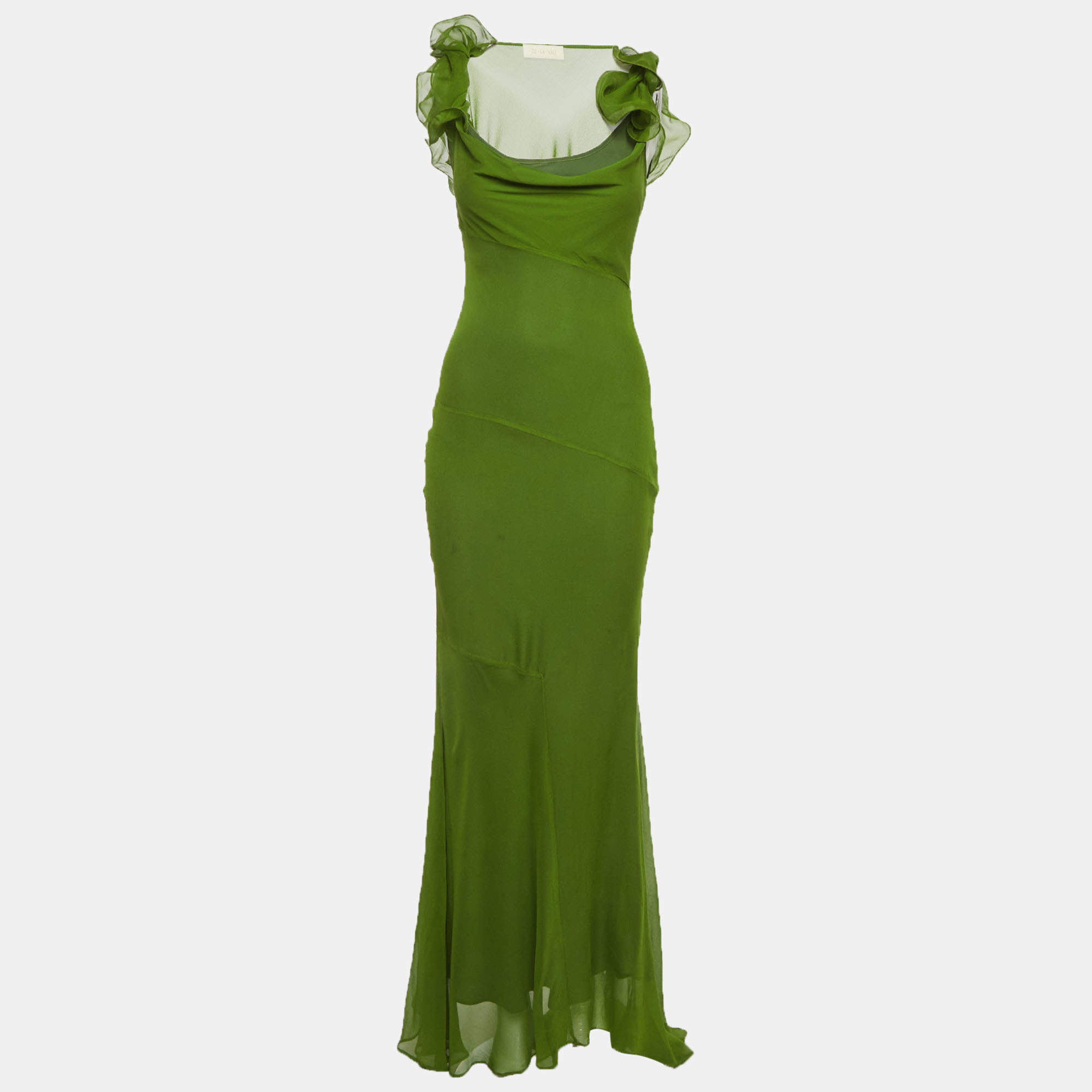 Pre Owned De la Valli Green Chiffon Ruffle Sleeve Dress XS