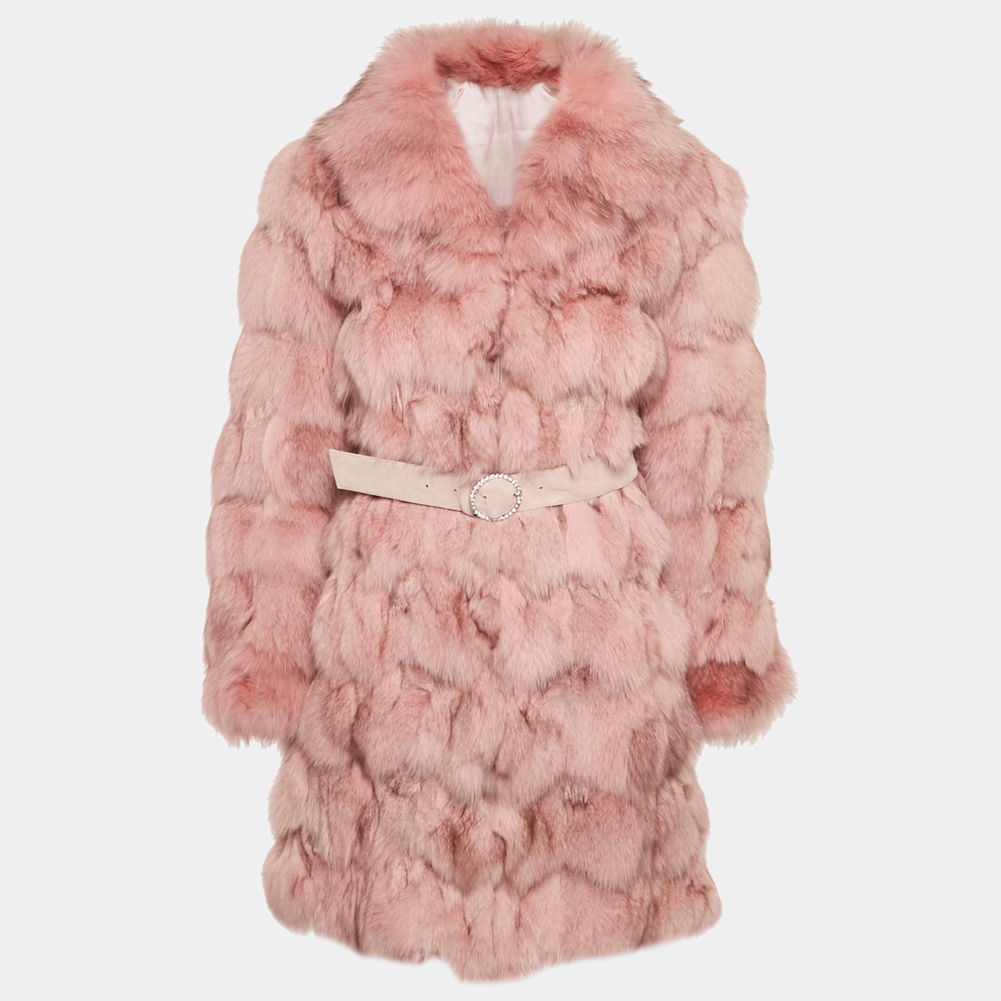 Pre Owned Deanna Pink Real Fur Belted Jacket S/M