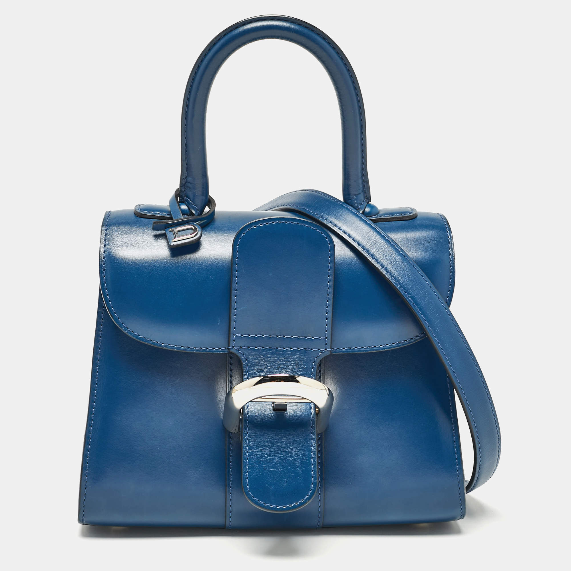 Pre Owned Delvaux Navy Blue Leather Mini Le Brillant Top Handle Bag