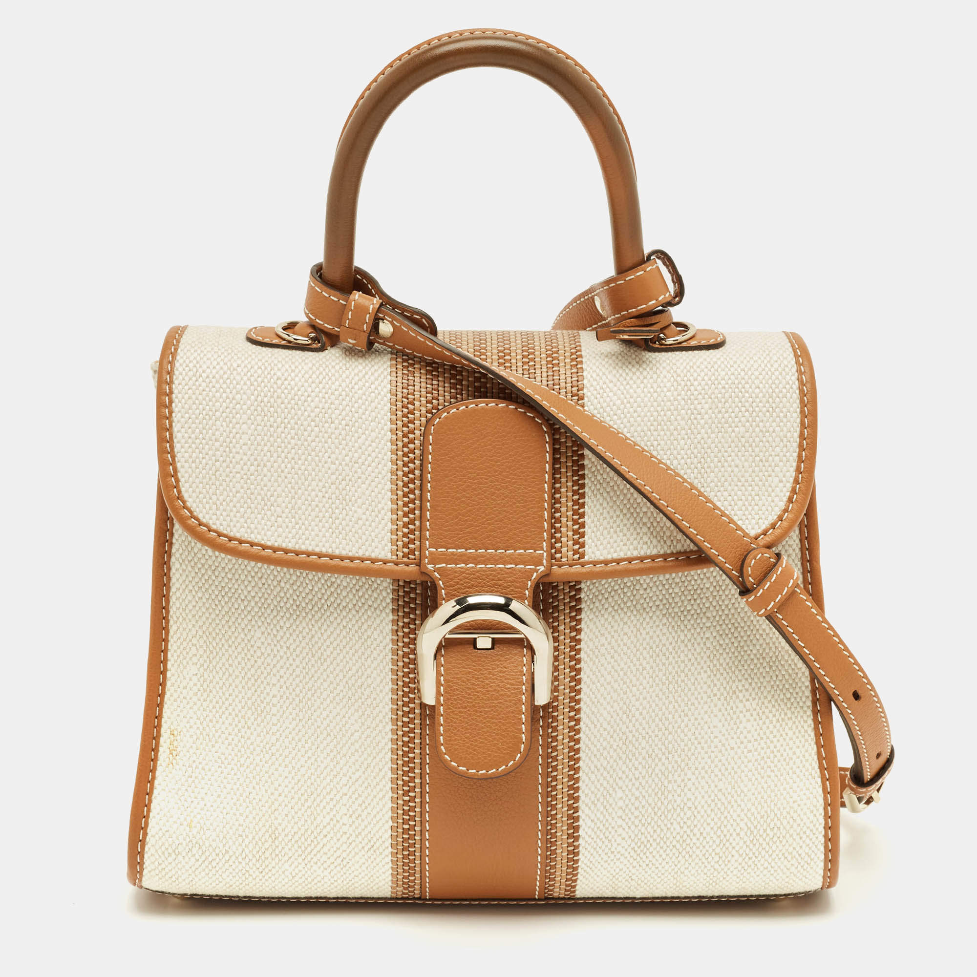 Pre Owned Delvaux Brown/Beige Leather and Raffia Brillant Top Handle Bag