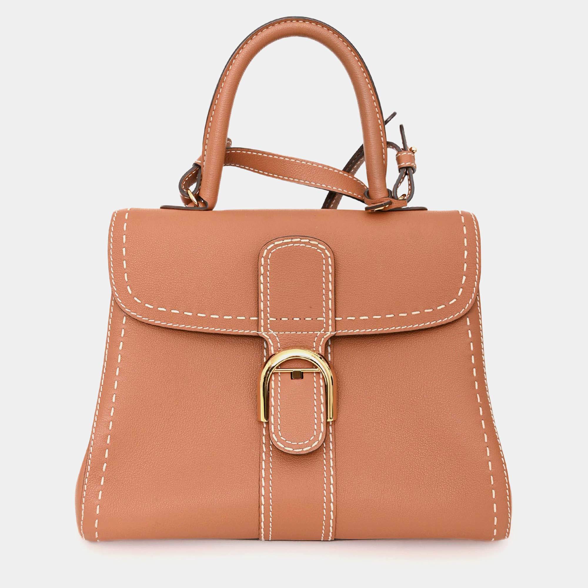 Pre Owned Delvaux Brown Leather Stitch Detail Le Brilliant MM Top Handle Gold Hardware with Strap