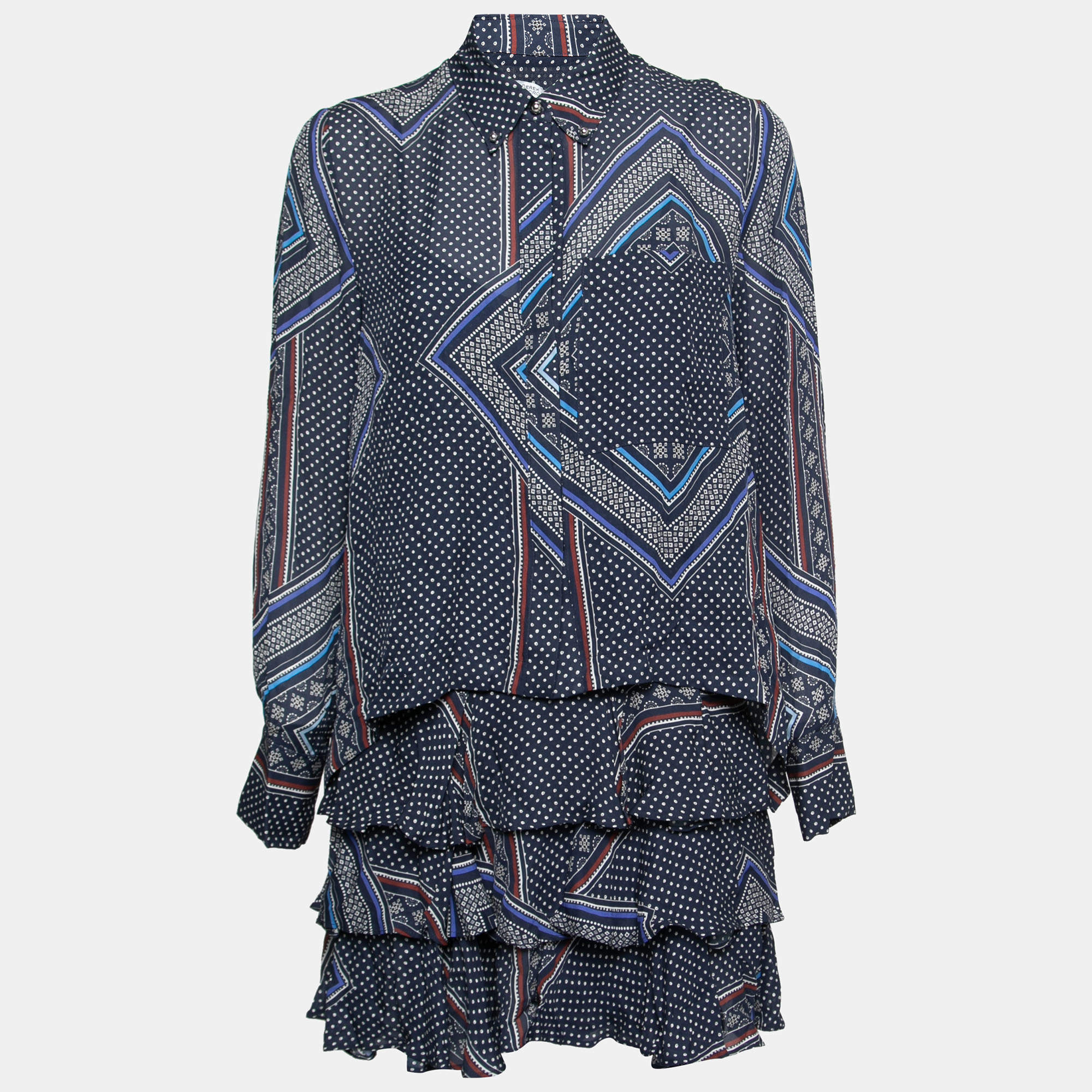 مملوكة مسبقًا  طقم بلوزة وفستان ديريك لام  10 كروسبي حرير أزرق مطبوع طبقات  M 