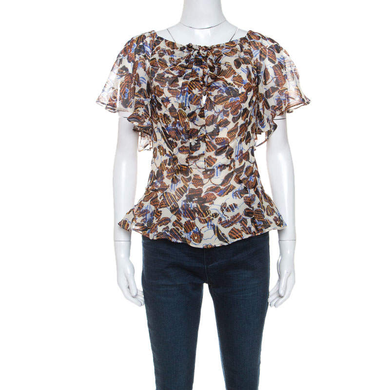 Derek Lam Multicolor Printed Chiffon Front Tie Detail Blouse S