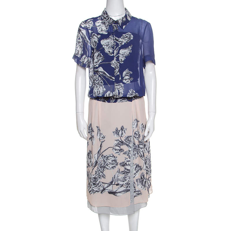 فستان ديريك لام قصير كريب طباعة زهور ثنائي اللون L