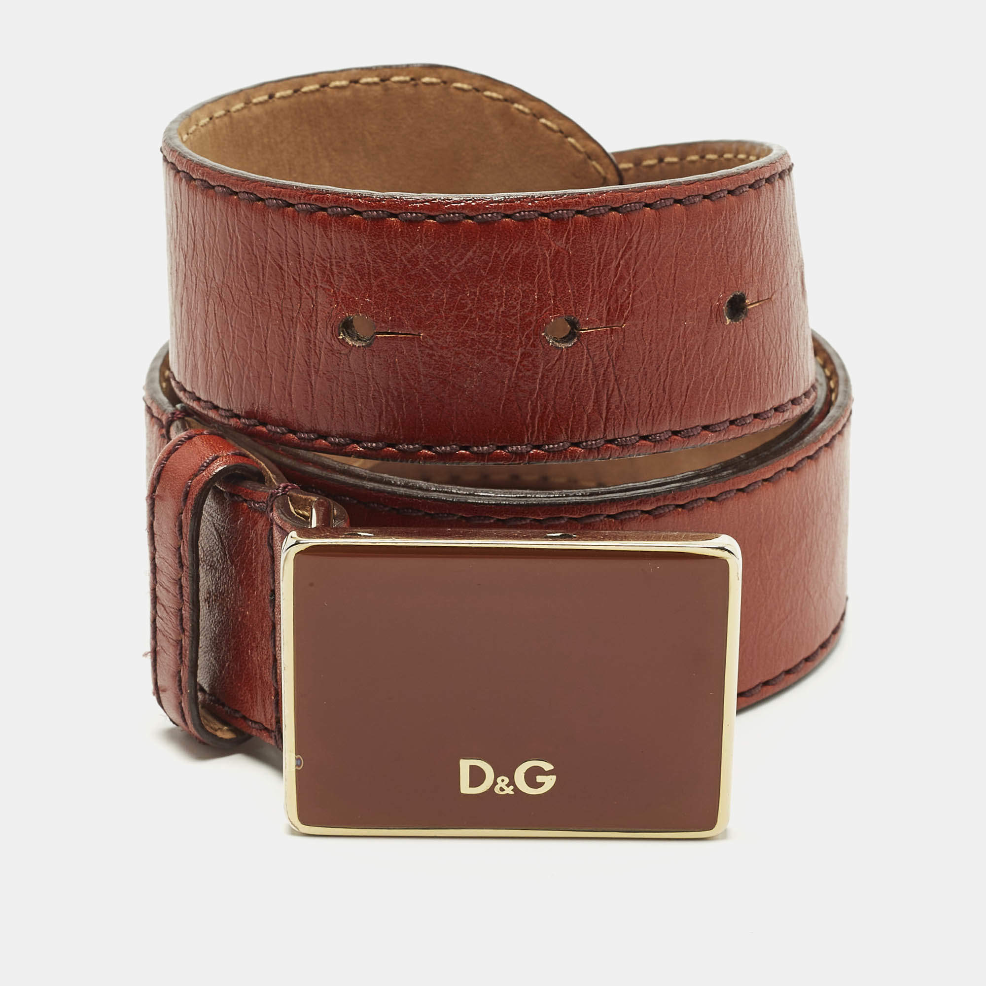 Pre Owned D&G 80 CM Buckle Belt Brick Red Leather
