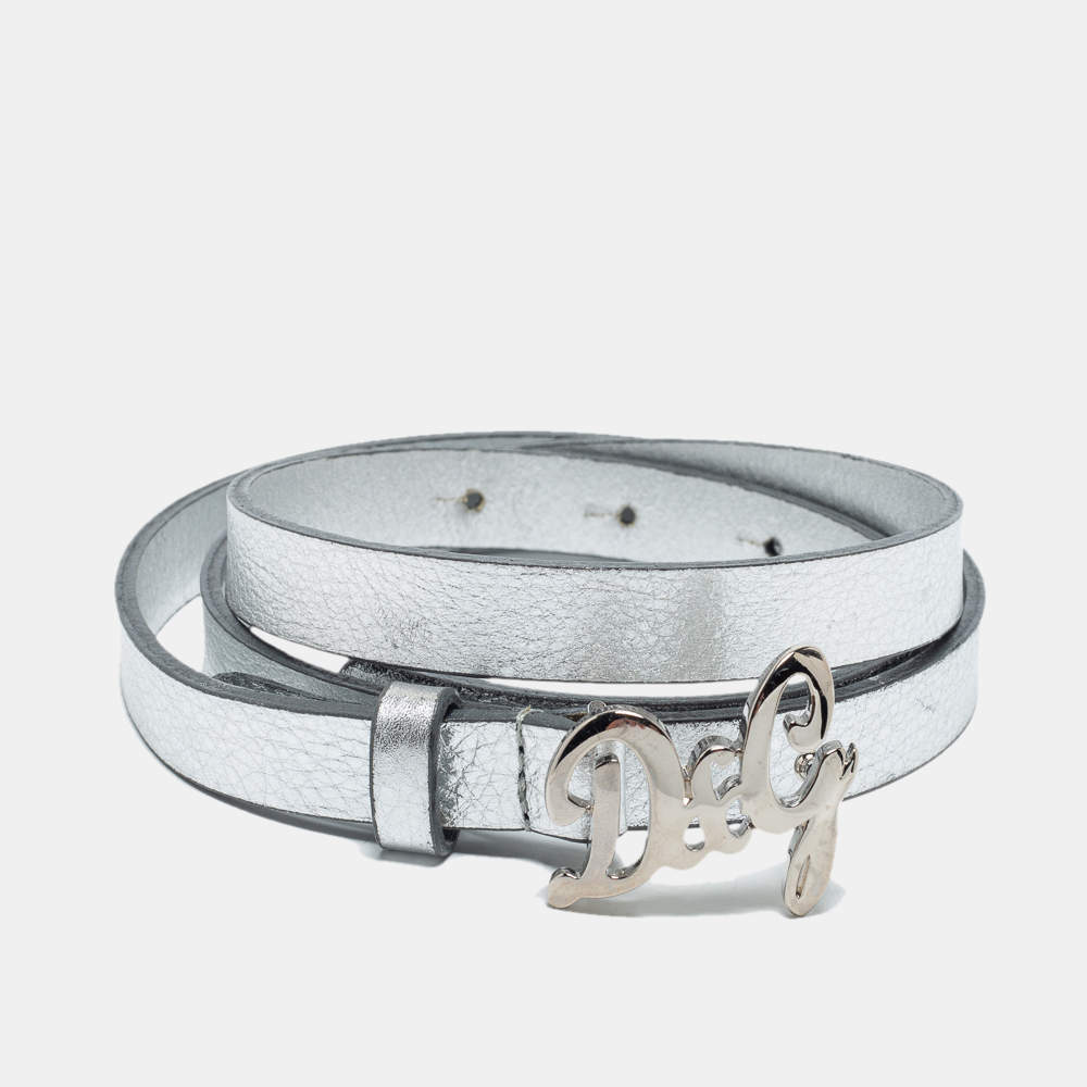 Pre Owned D&G Silver Leather DG Logo Slim Belt 105CM
