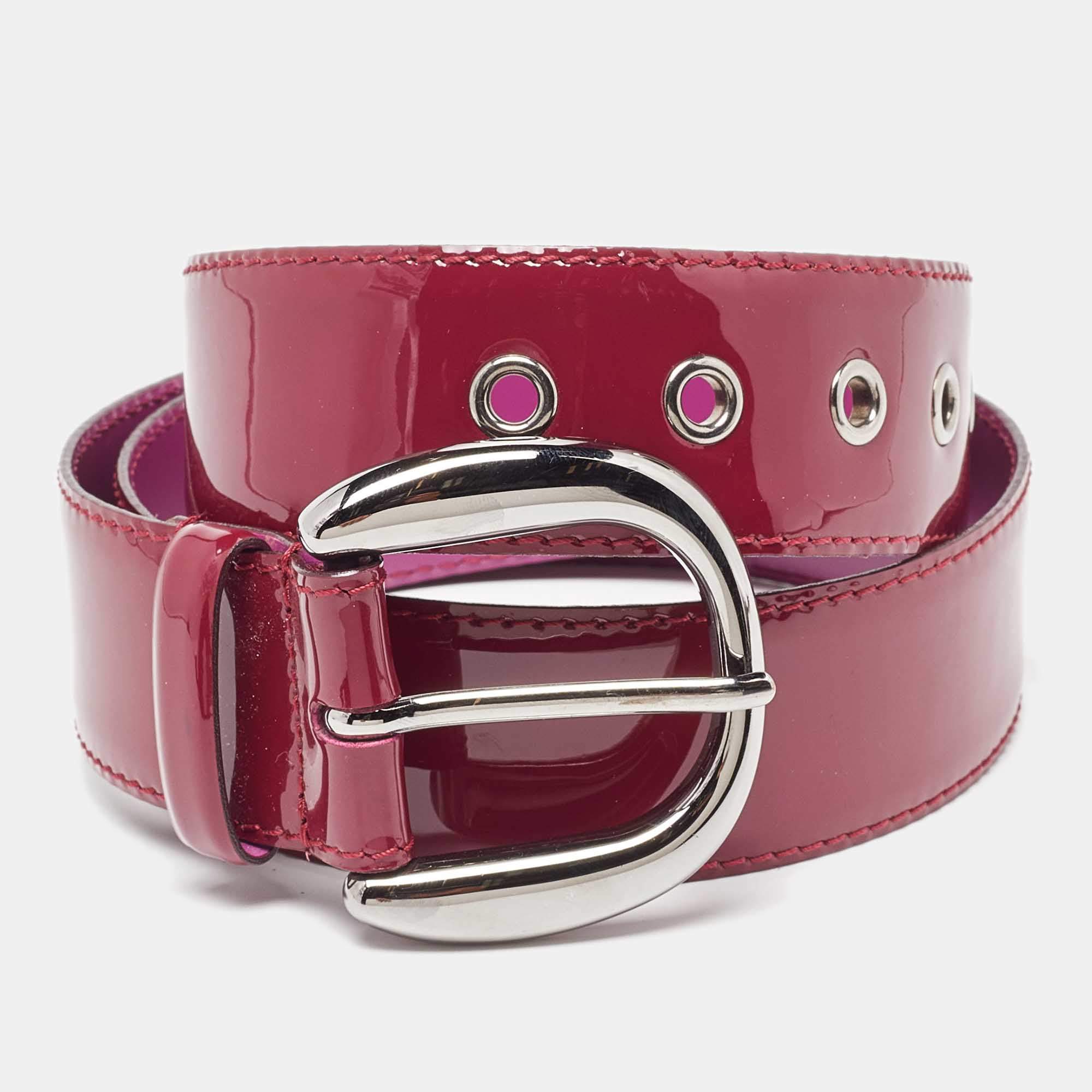 Pre Owned D&G Burgundy Patent Leather Grommet Buckle Belt 80CM