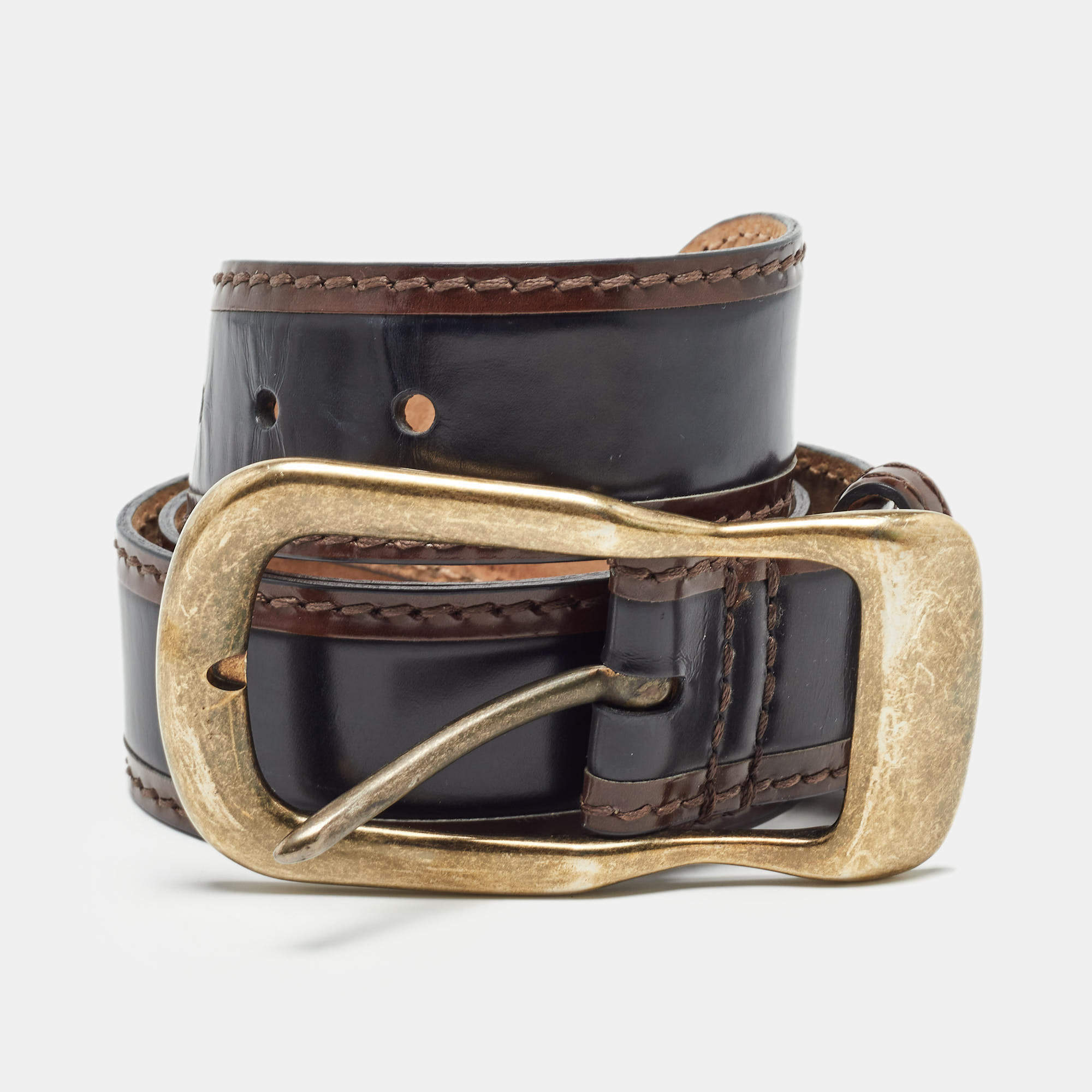 D&G Black/Brown Glossy Leather Buckle Belt 85CM