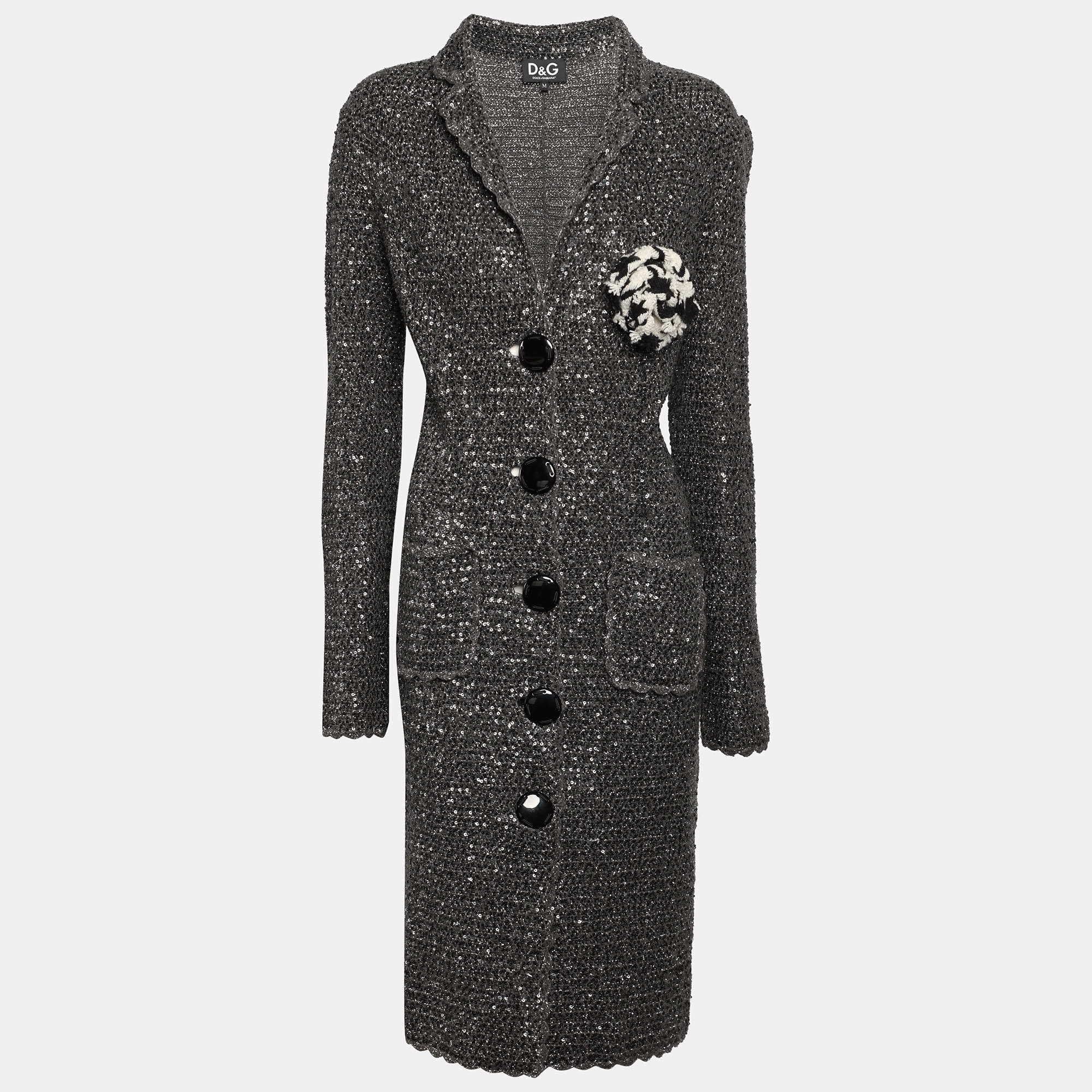 D&G Grey/Silver Lurex and Sequin Detail Coat M