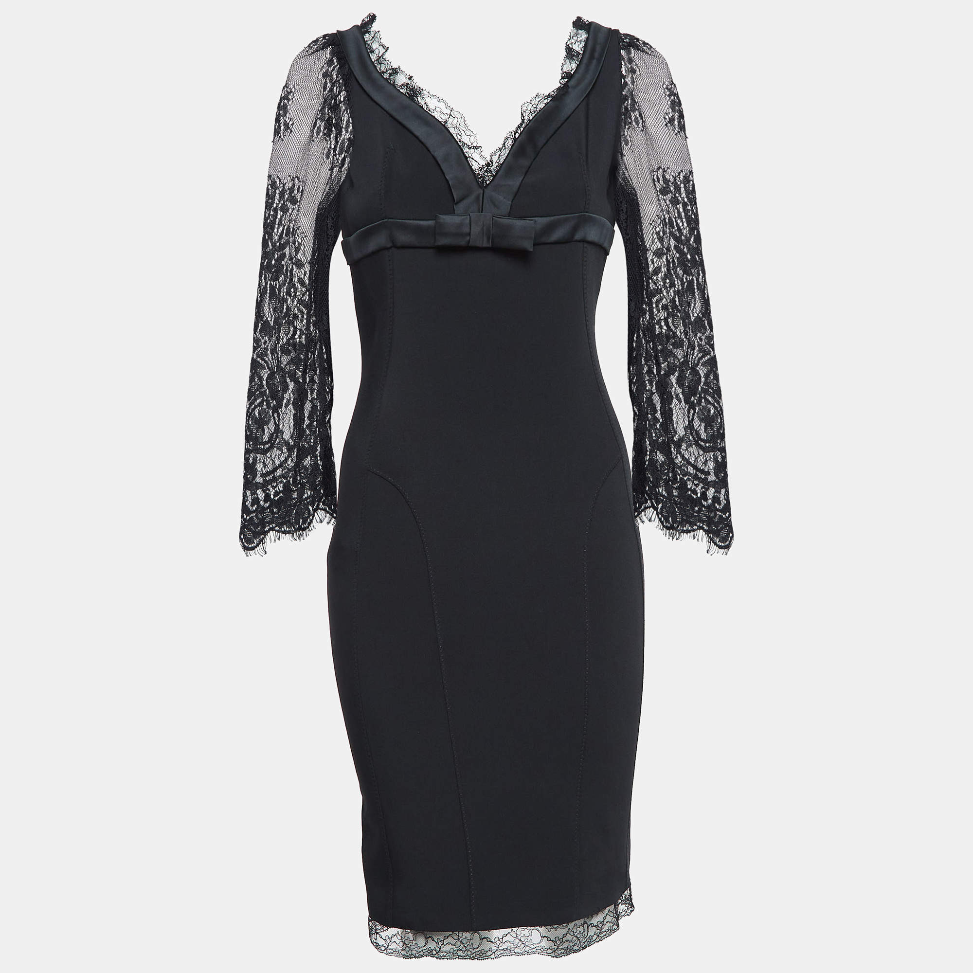 D&G Black Stretch Crepe Lace Trim V Neck Mini Dress S