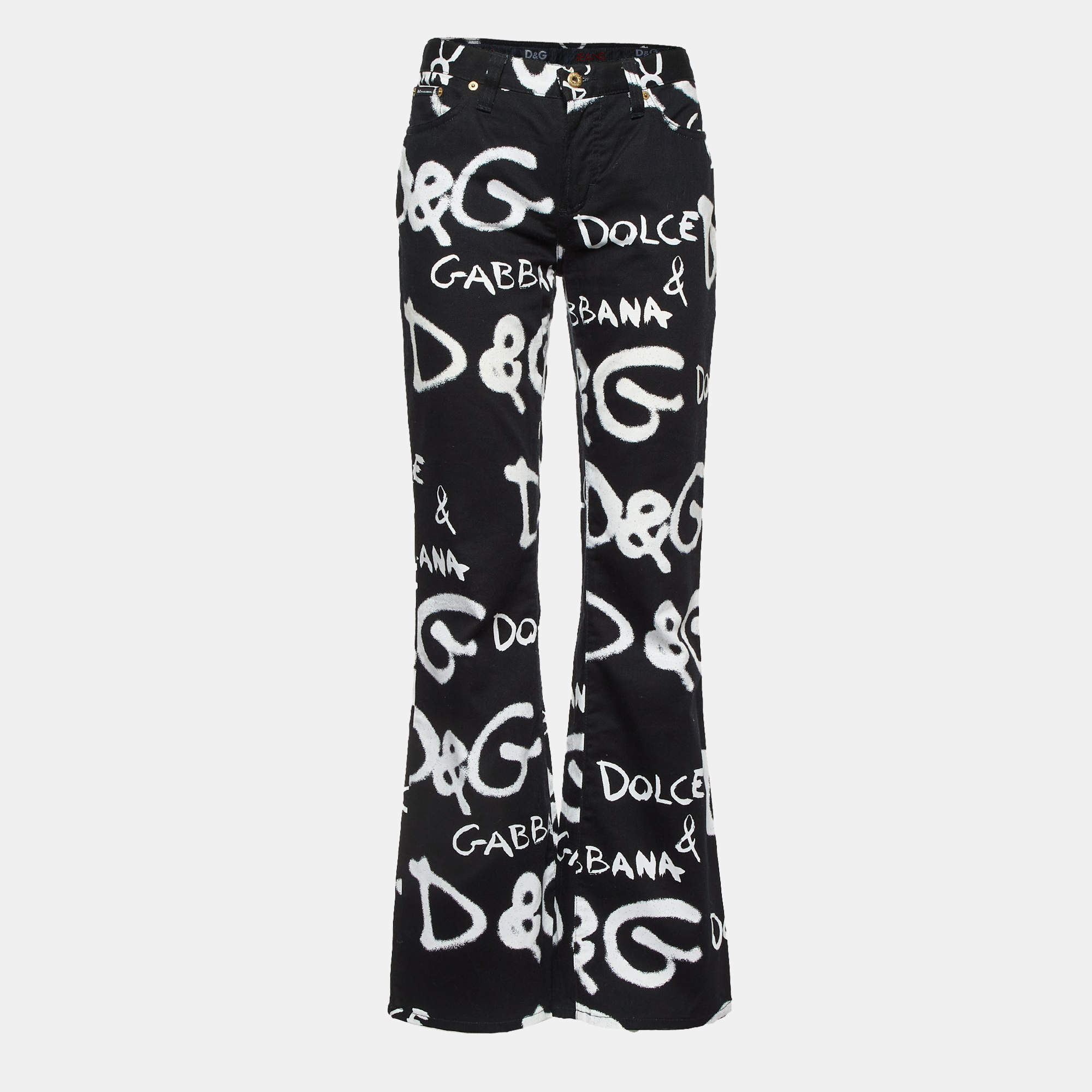 D&G Black Logo Print Denim Wide-Leg Jeans M 
