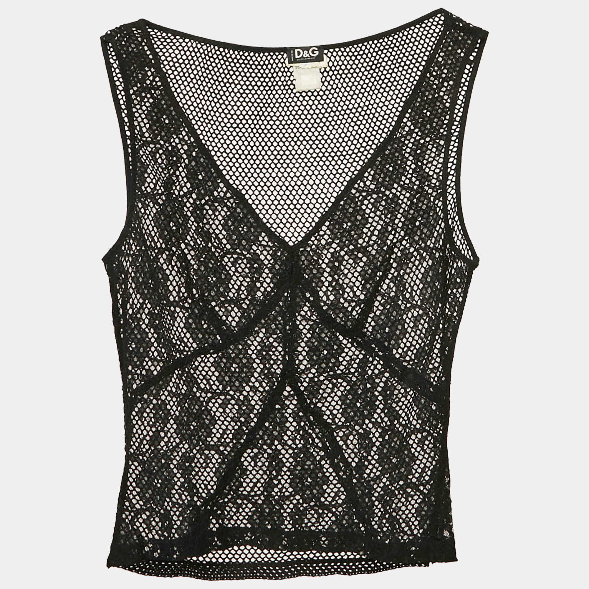 Pre Owned D&G Black Lace and Mesh V-Neck Sheer Tank Top S