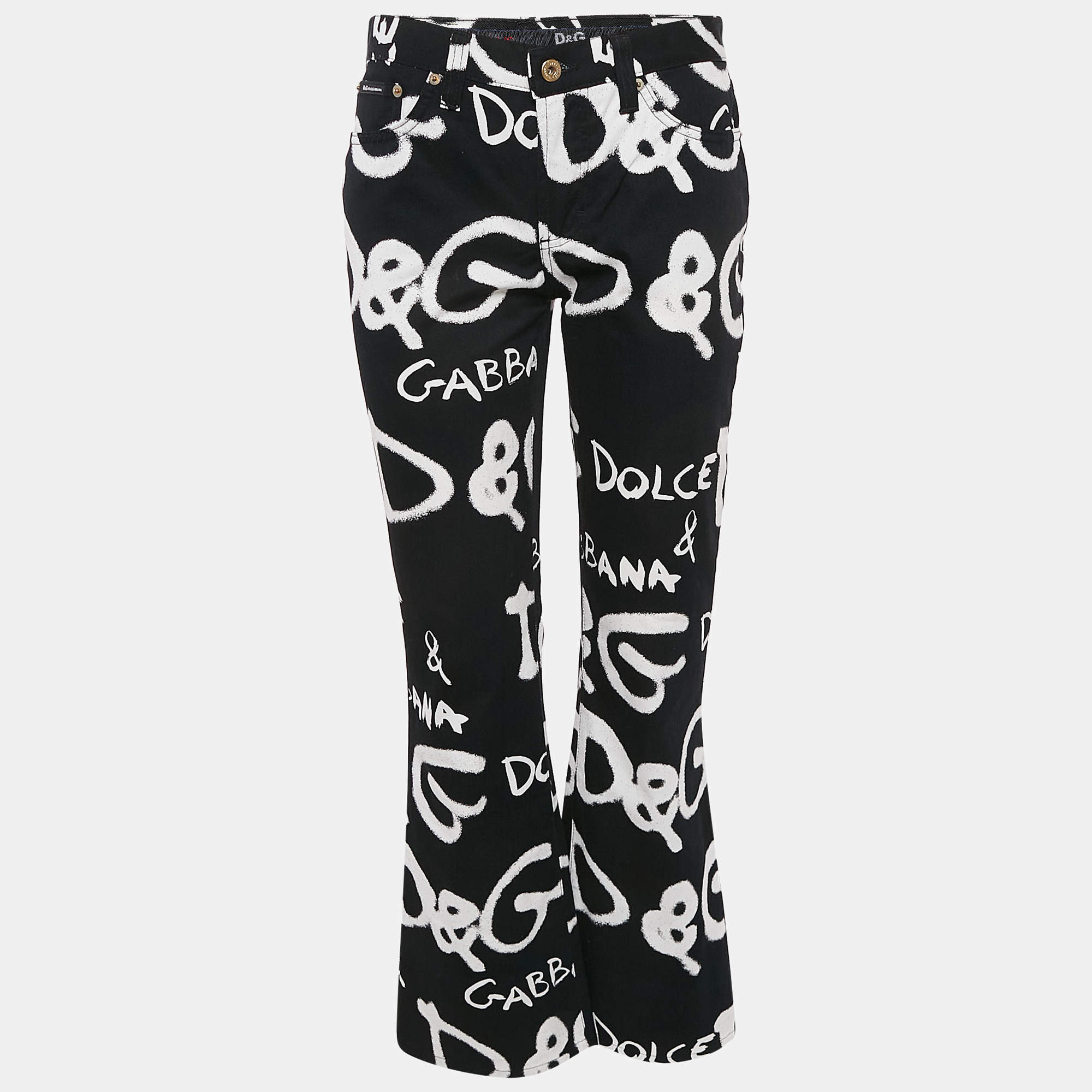 Pre Owned D&G Black Logo Print Denim Flared Jeans M Waist 28"