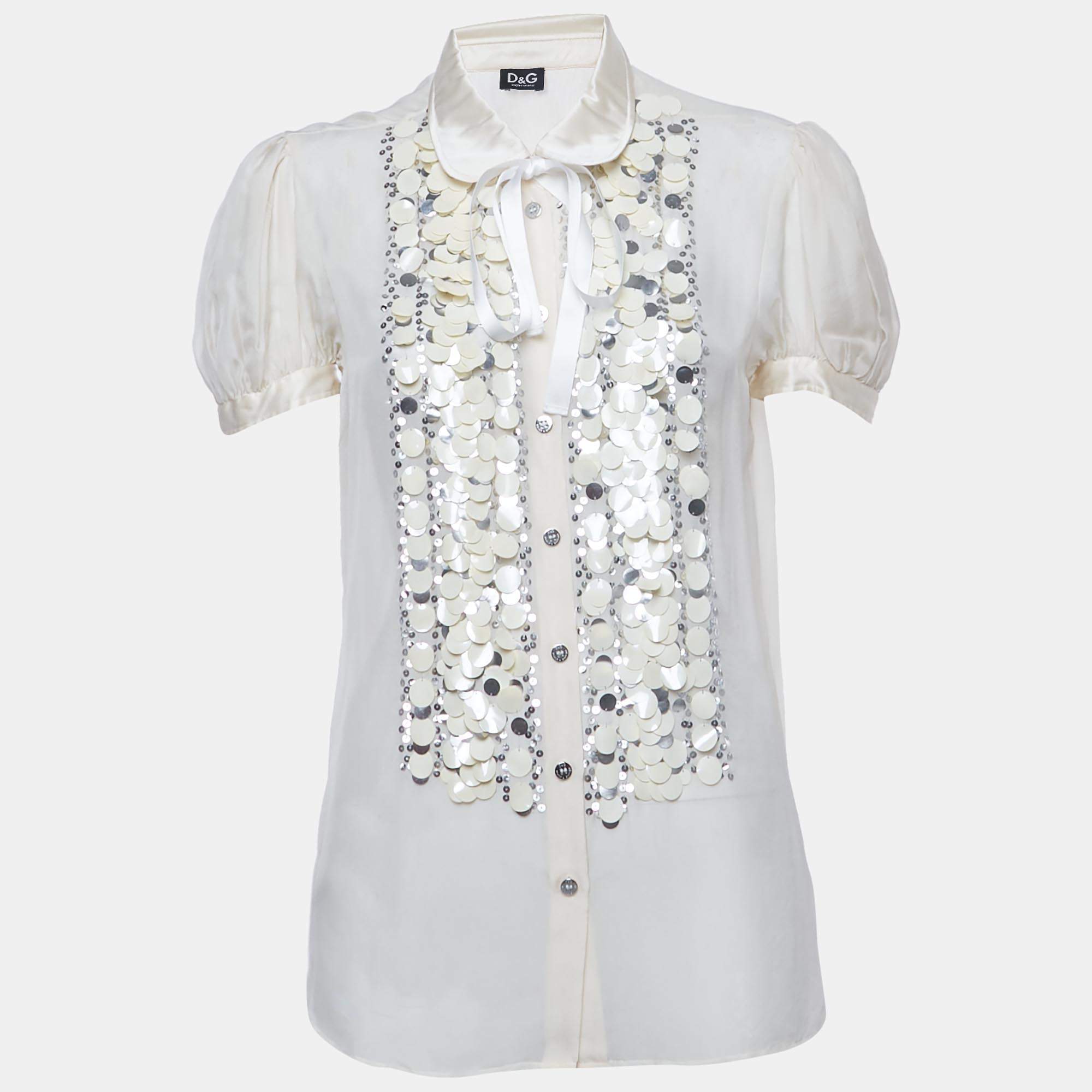 Pre Owned D&G Beige Sequin Embroidered Silk Shirt L