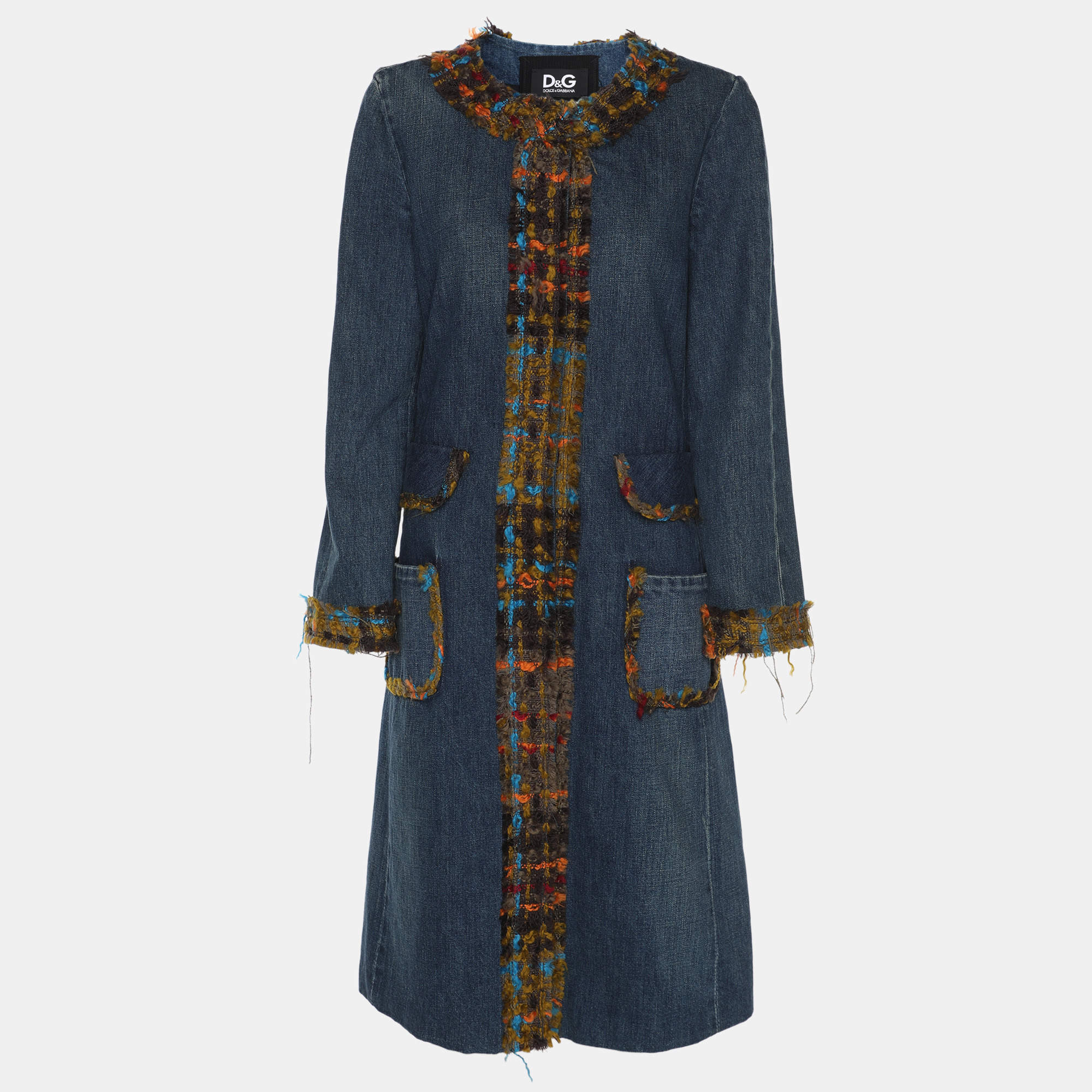 Pre Owned D&G Blue Multicolor Denim and Wool Long Sleeve Dress S