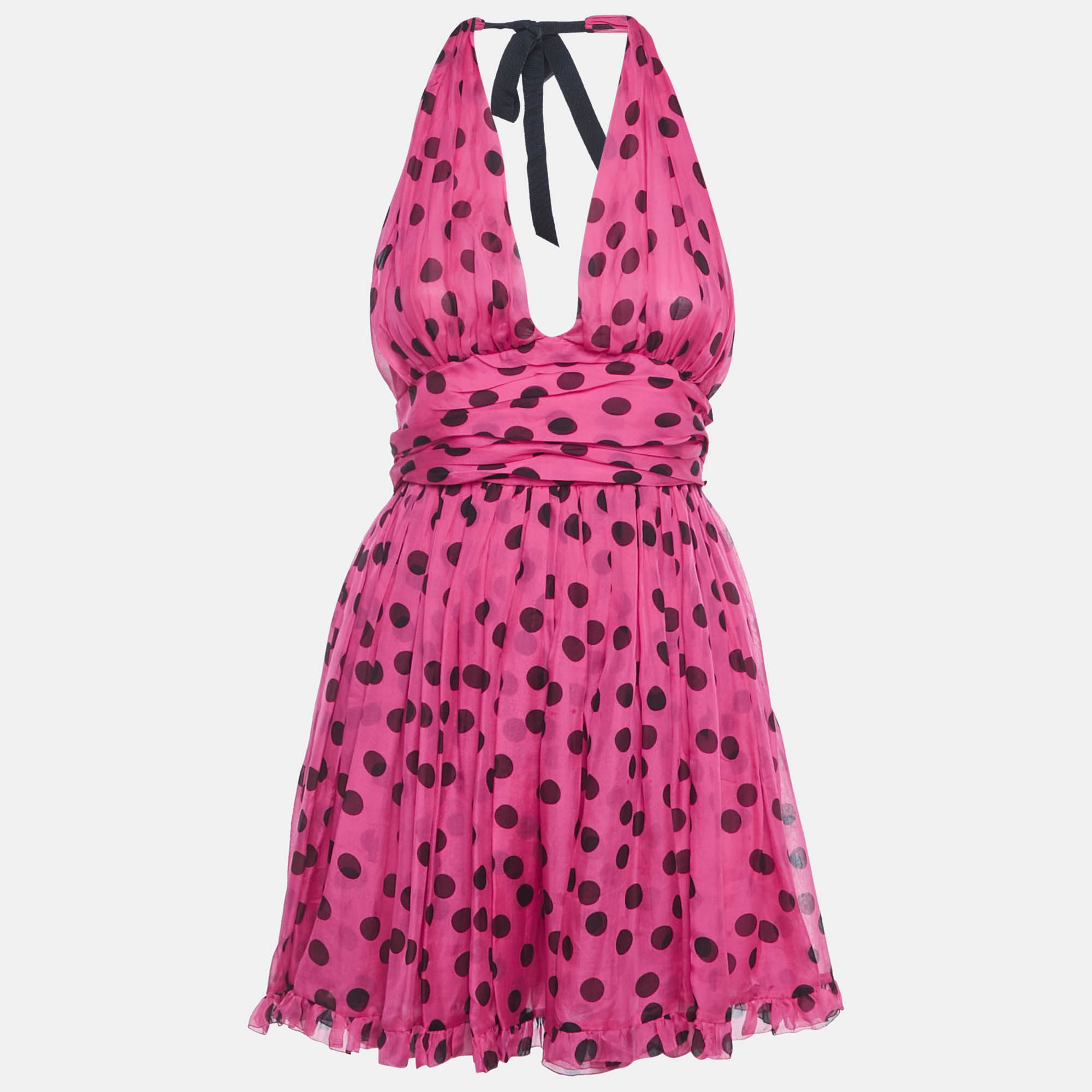 Pre Owned D&G Pink Polka Dot Silk Neck Tie Detail Mini Dress S 