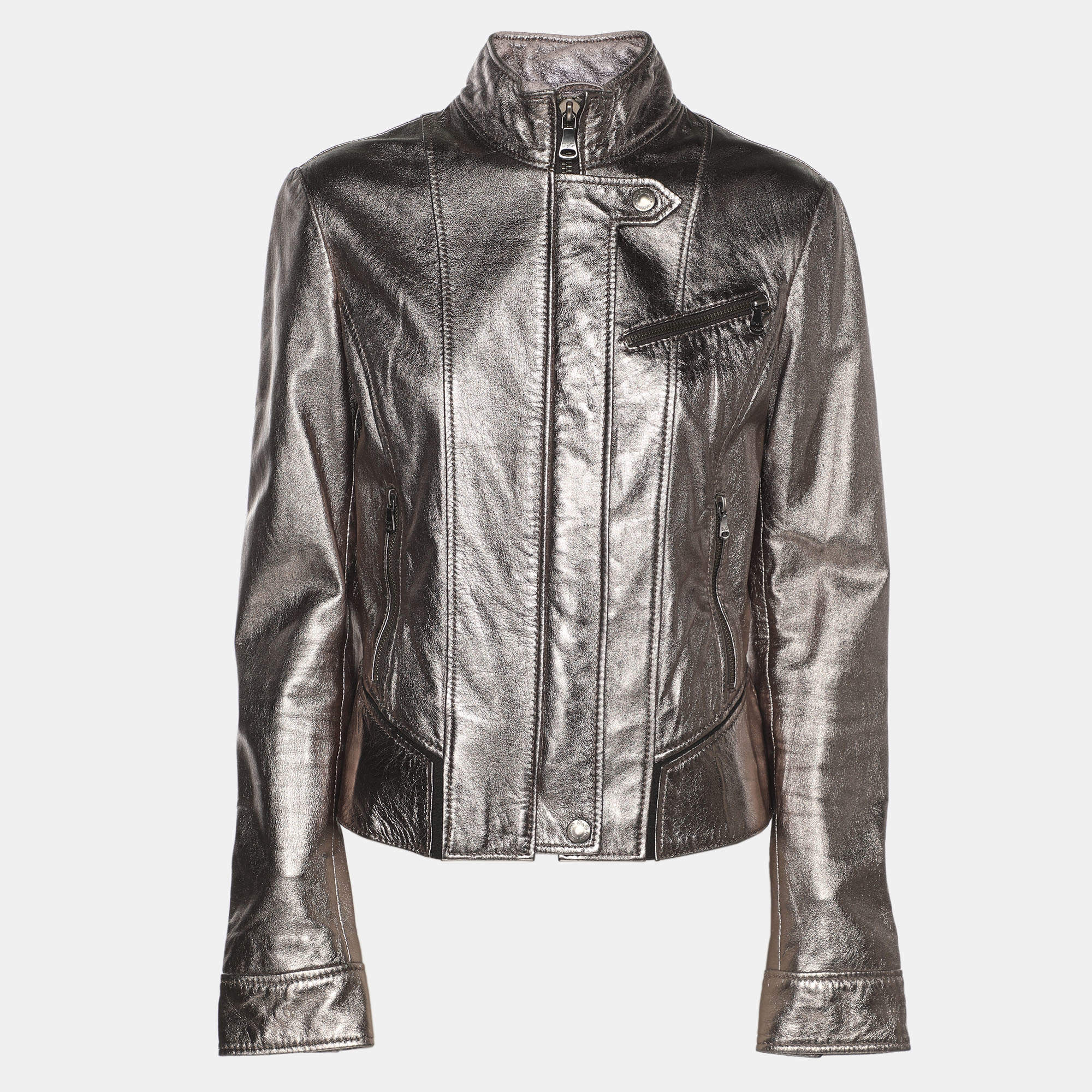 Pre Owned D&G Metallic Silver Leather Zipped Jacket M