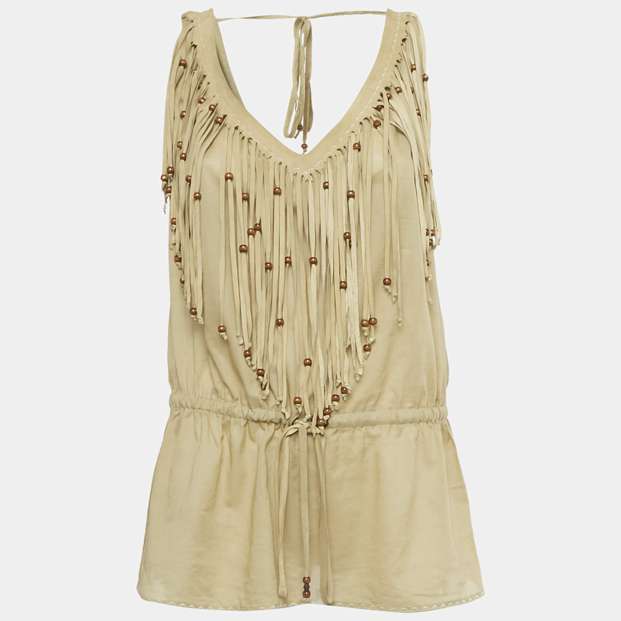 Pre Owned D&G Khaki Cotton & Suede Fringe Detail Sleeveless Top M 