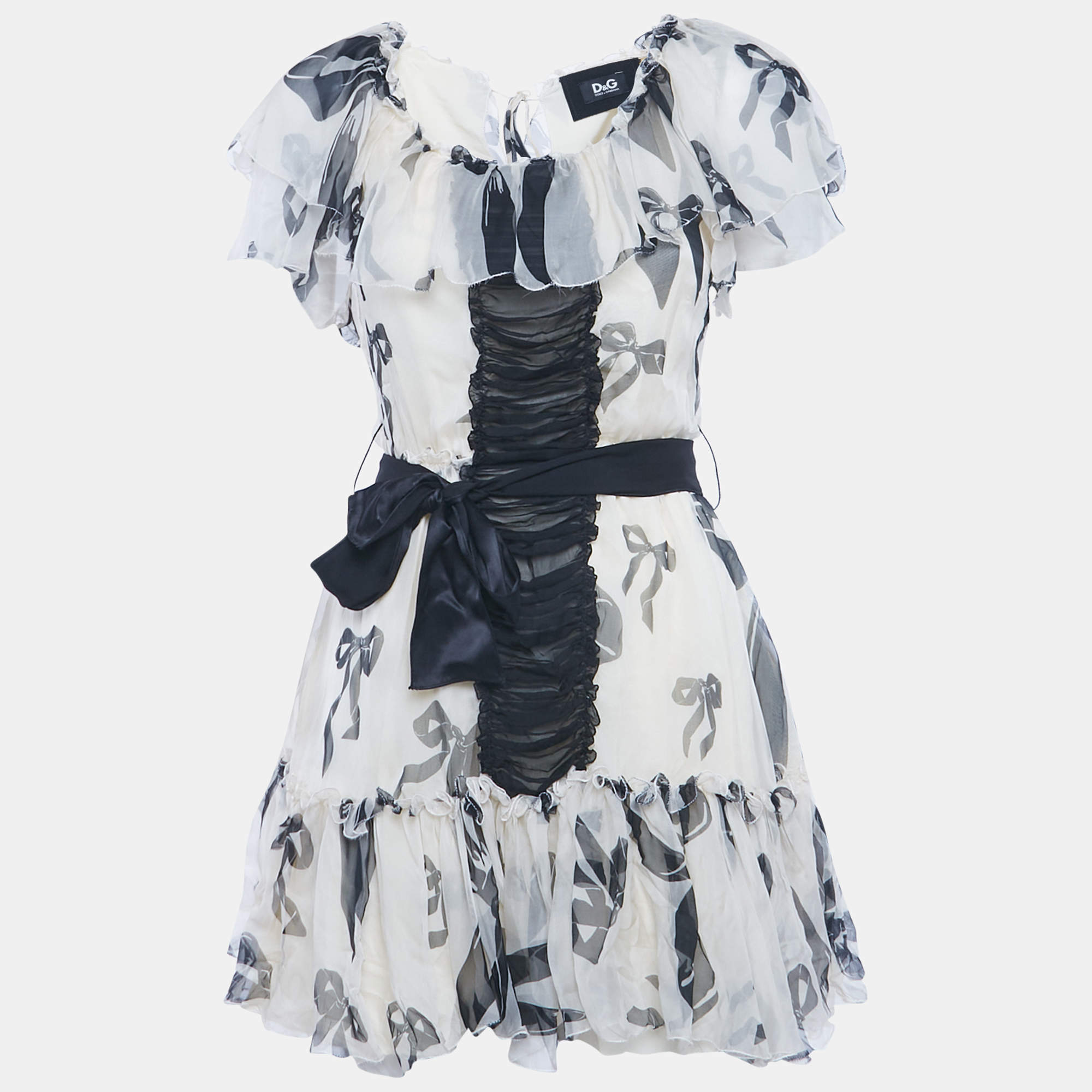 مملوكة مسبقًا D&G Cream Bow Print Silk Ruffle Mini Dress M