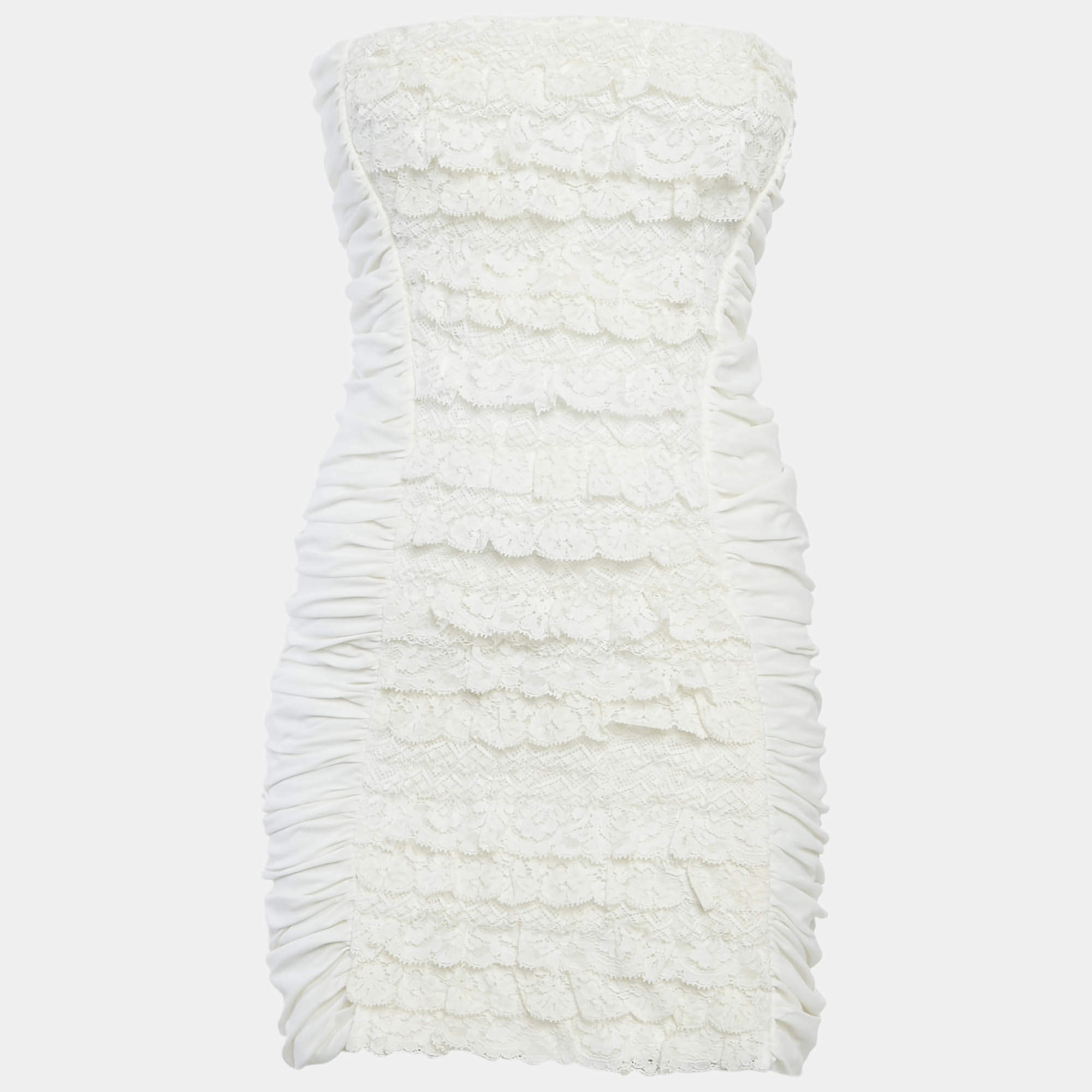 Pre Owned فستان دي آند جي قطن كريمي مع دانتيل مكشكش بدون حمالات قصير مقاس صغير (سمول)